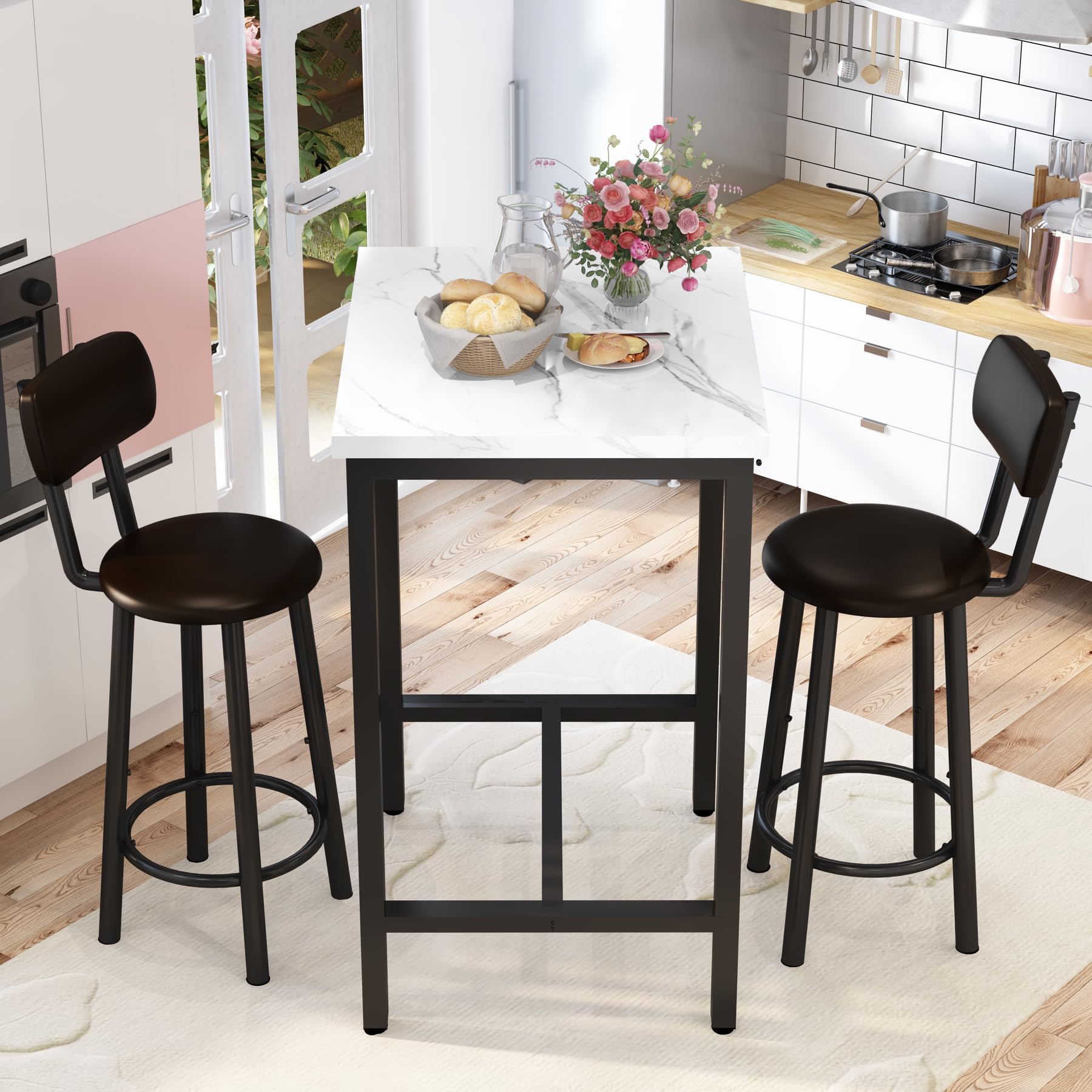 24" Square Dining Table Set for 2 with MDF Tabletop & PU Leather Chairs
