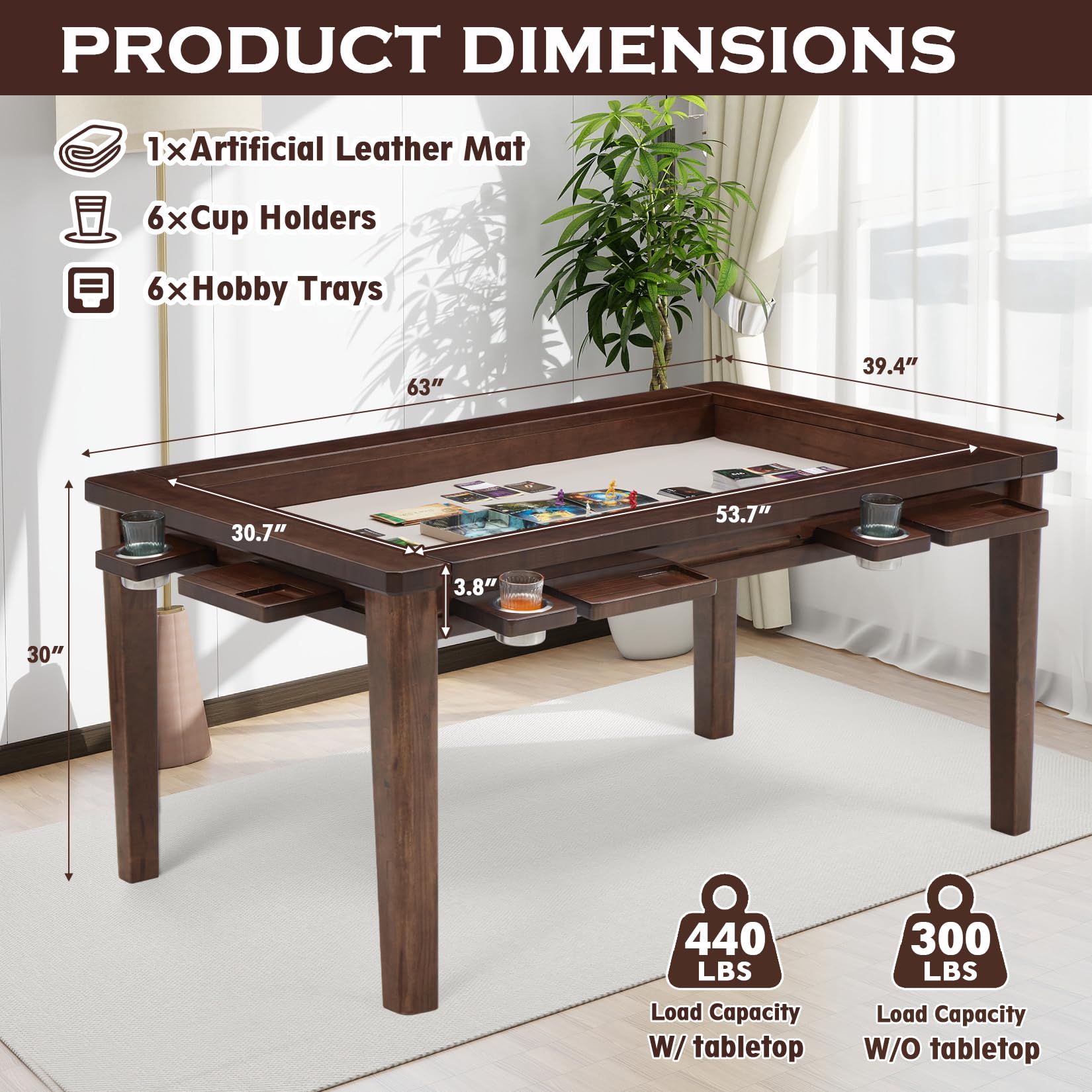 63x39 Board Game Table with Removable Top