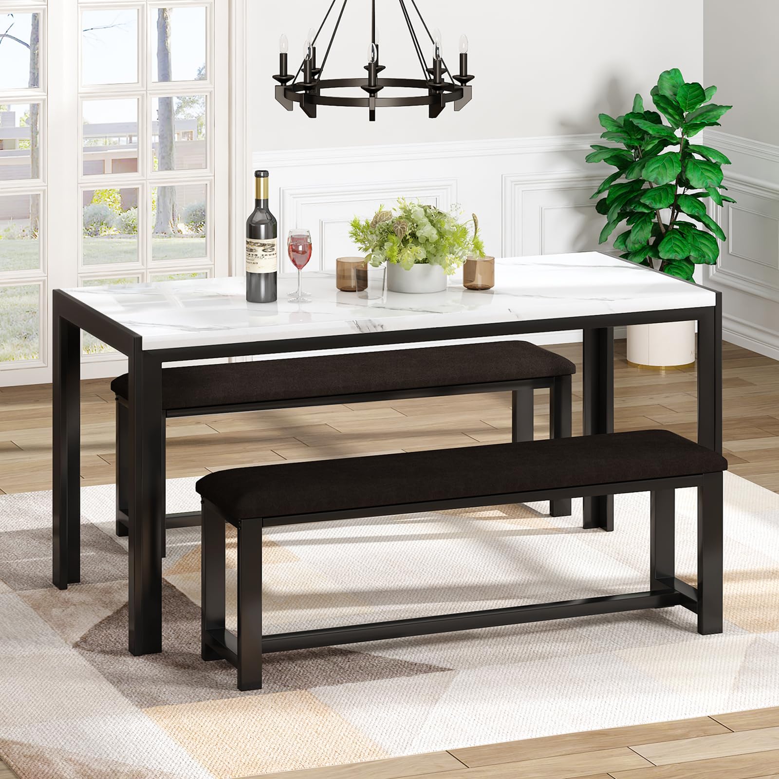 DKLGG Dining Table Set for 4, Kitchen Table with 2 PU Leather Upholstered Bench, Faux Marble Dining Room Table with Bench for Small Space