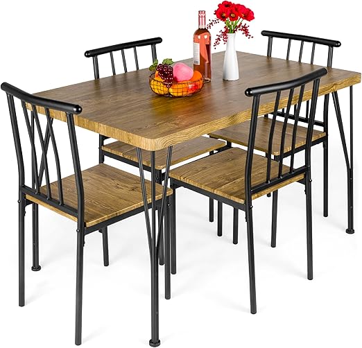5-Piece Metal and Wood Rectangular Dining Table Set with 4 Chairs