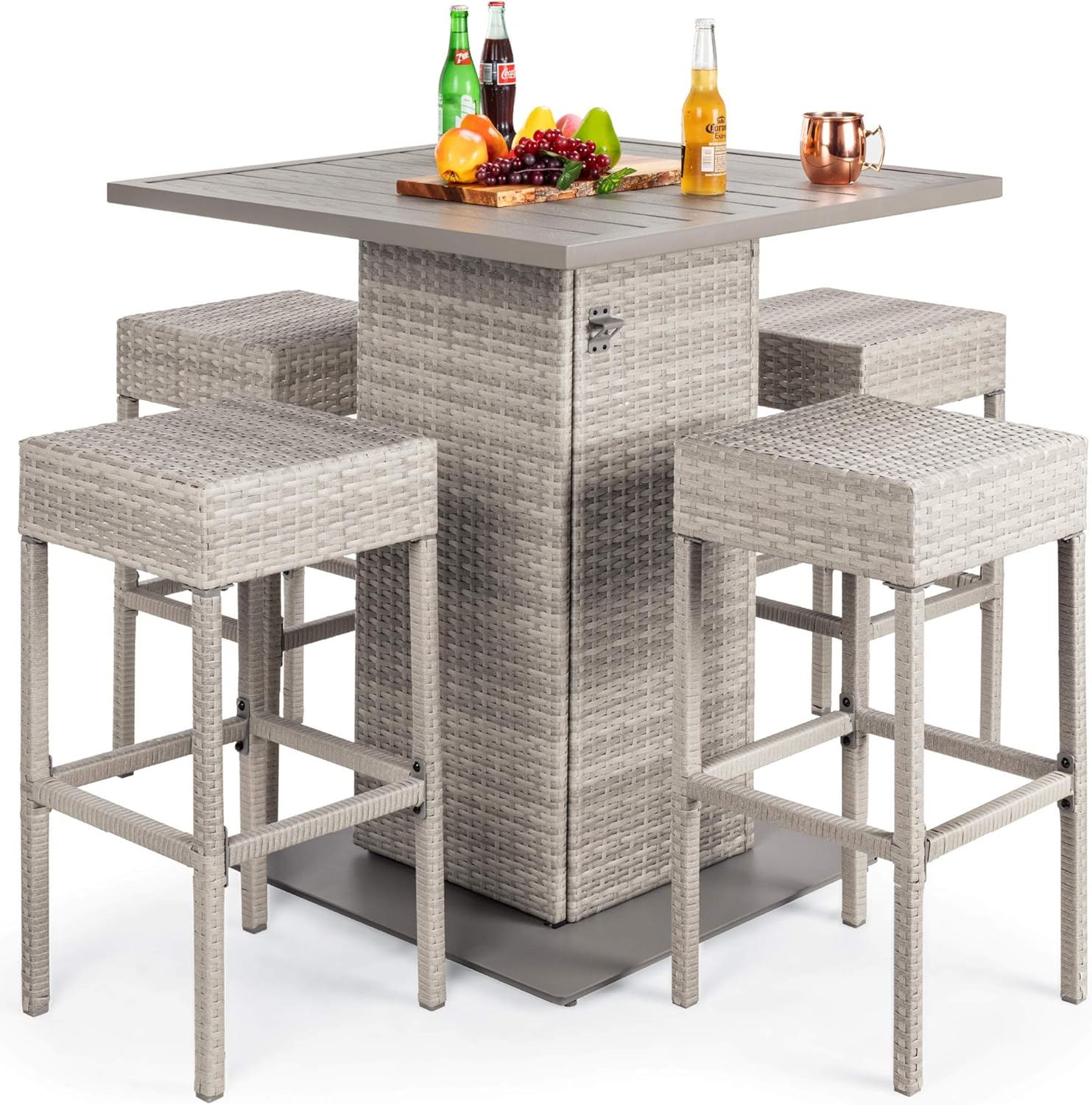 5-Piece Outdoor Wicker Bar Table Set with Storage