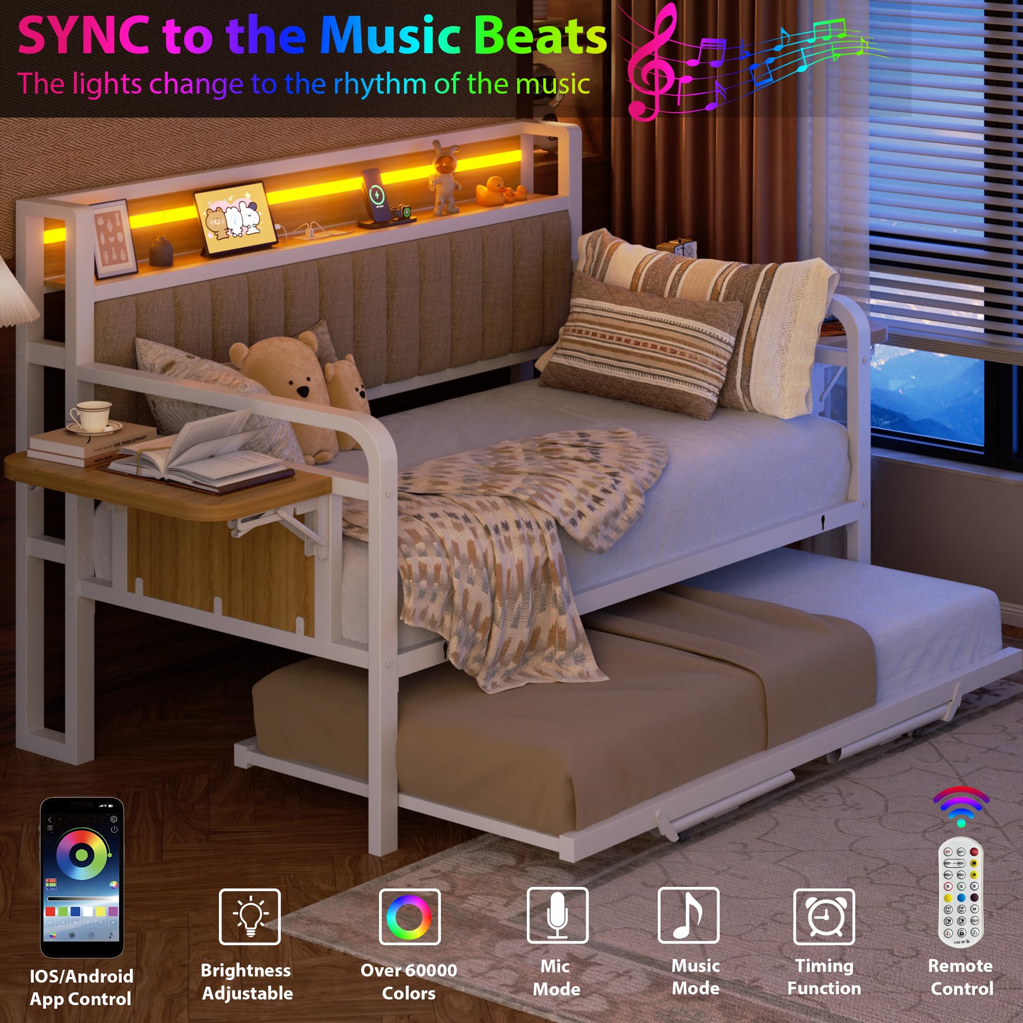 Twin Daybed with Pop-Up Trundle and LED Lights