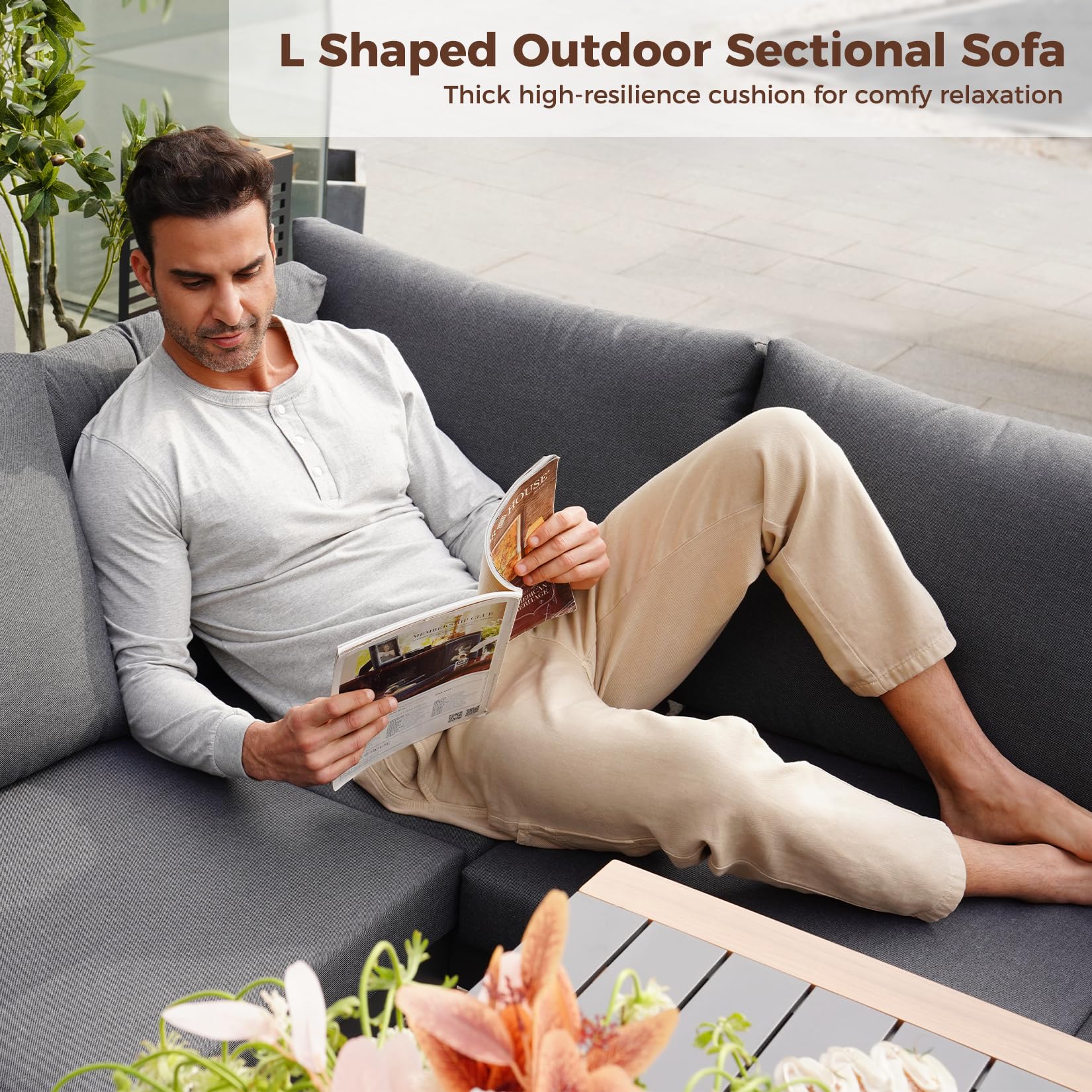 Aluminum L-Shaped Outdoor Sectional Sofa with Dining Table and Bench