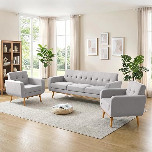 Button Tufted Living Room Set - 3 Piece Upholstered Sofa Collection