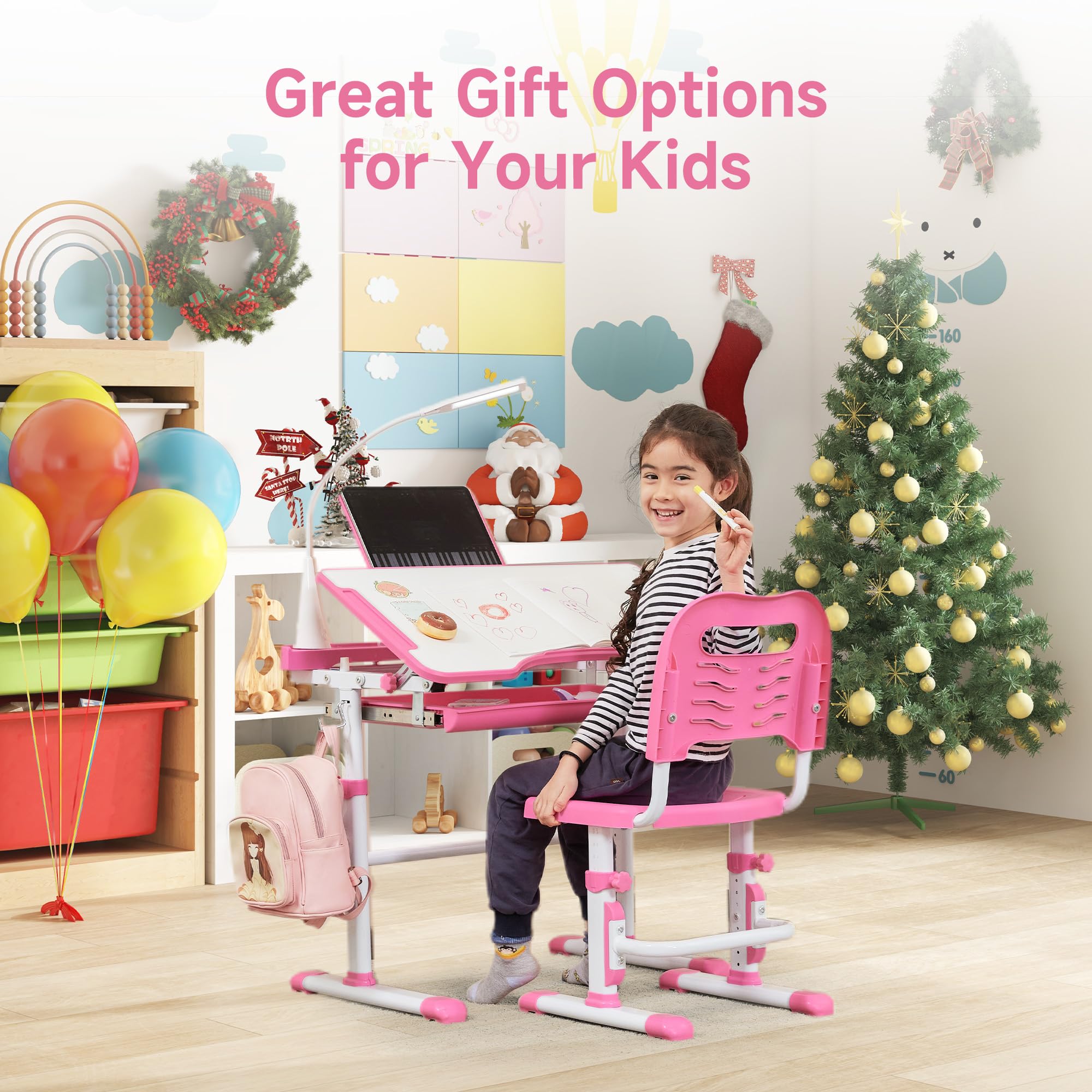 Kids Desk and Chair Set with Tilt Desktop and LED Light