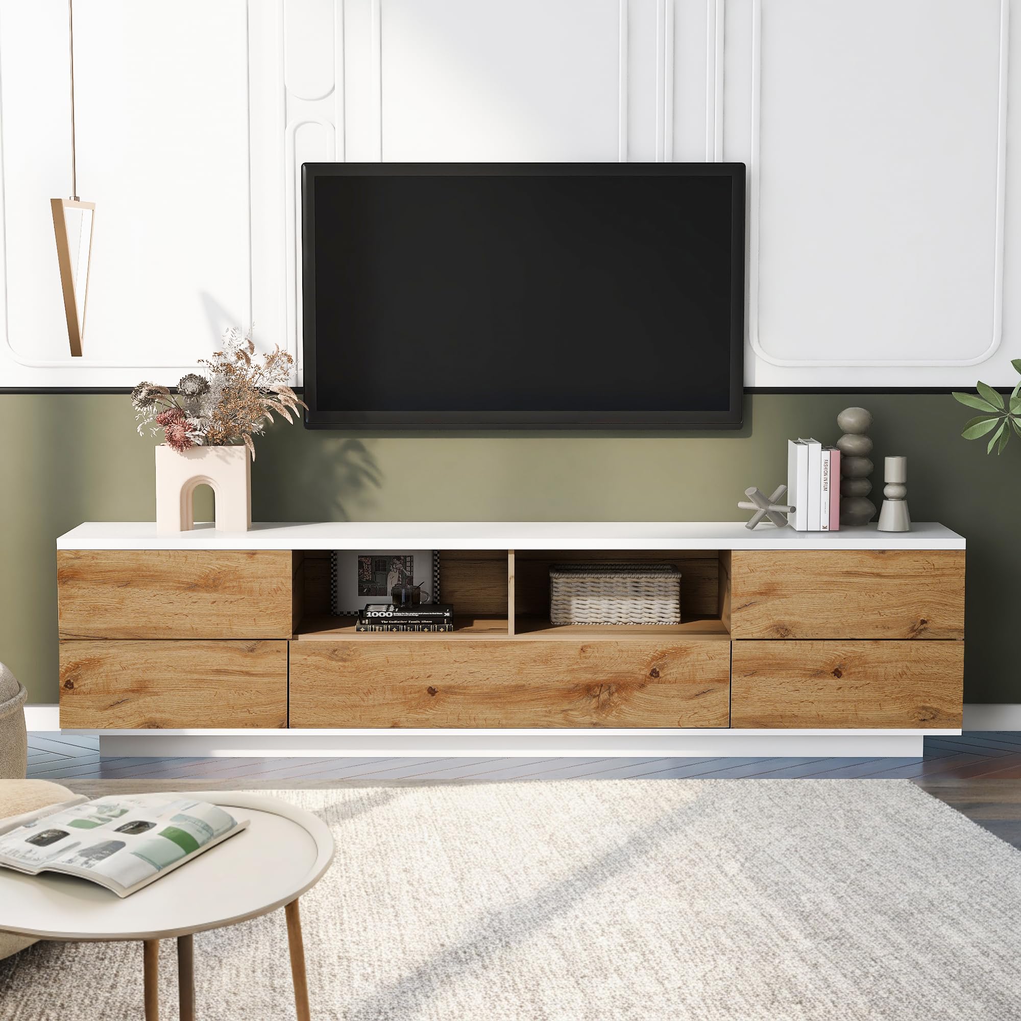 Wood TV Stand Entertainment Center with Storage Cabinets