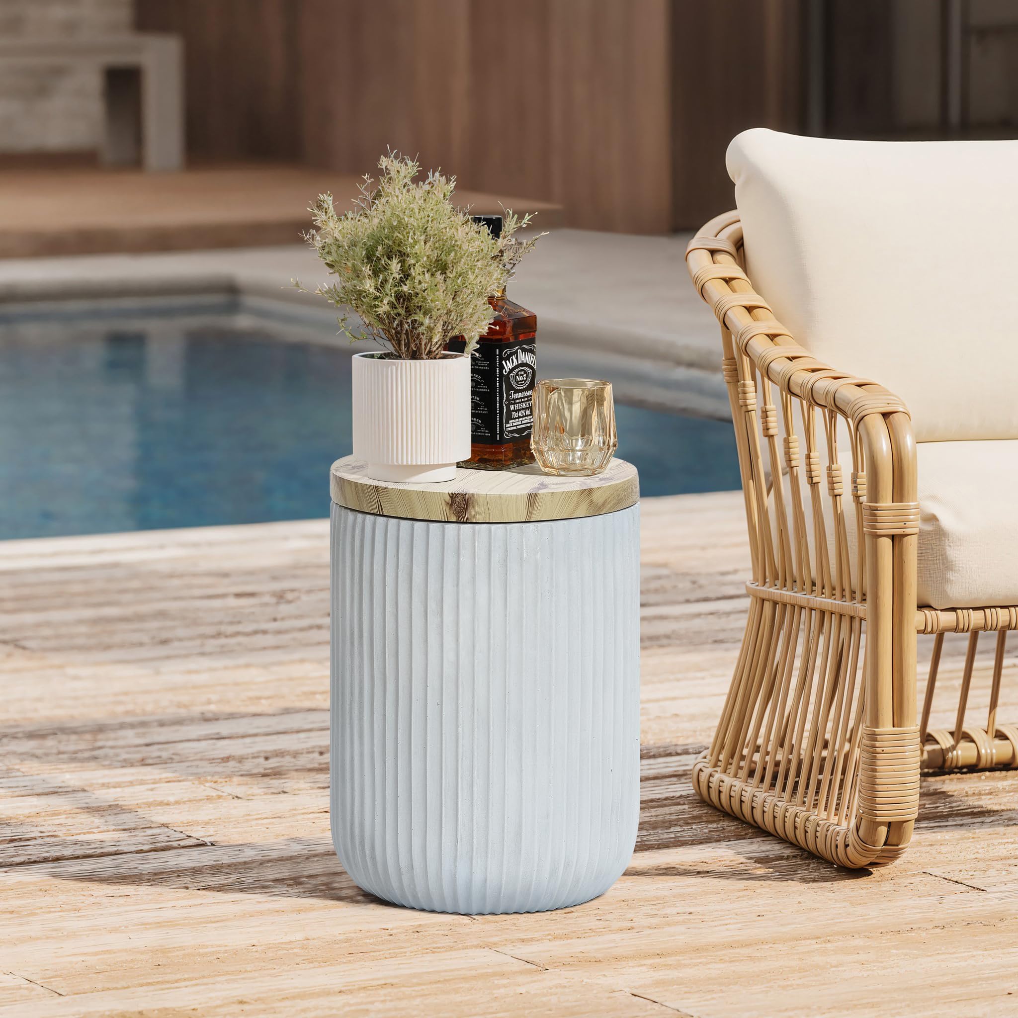 18" Outdoor Side Table with Storage and Wood Finish Lid