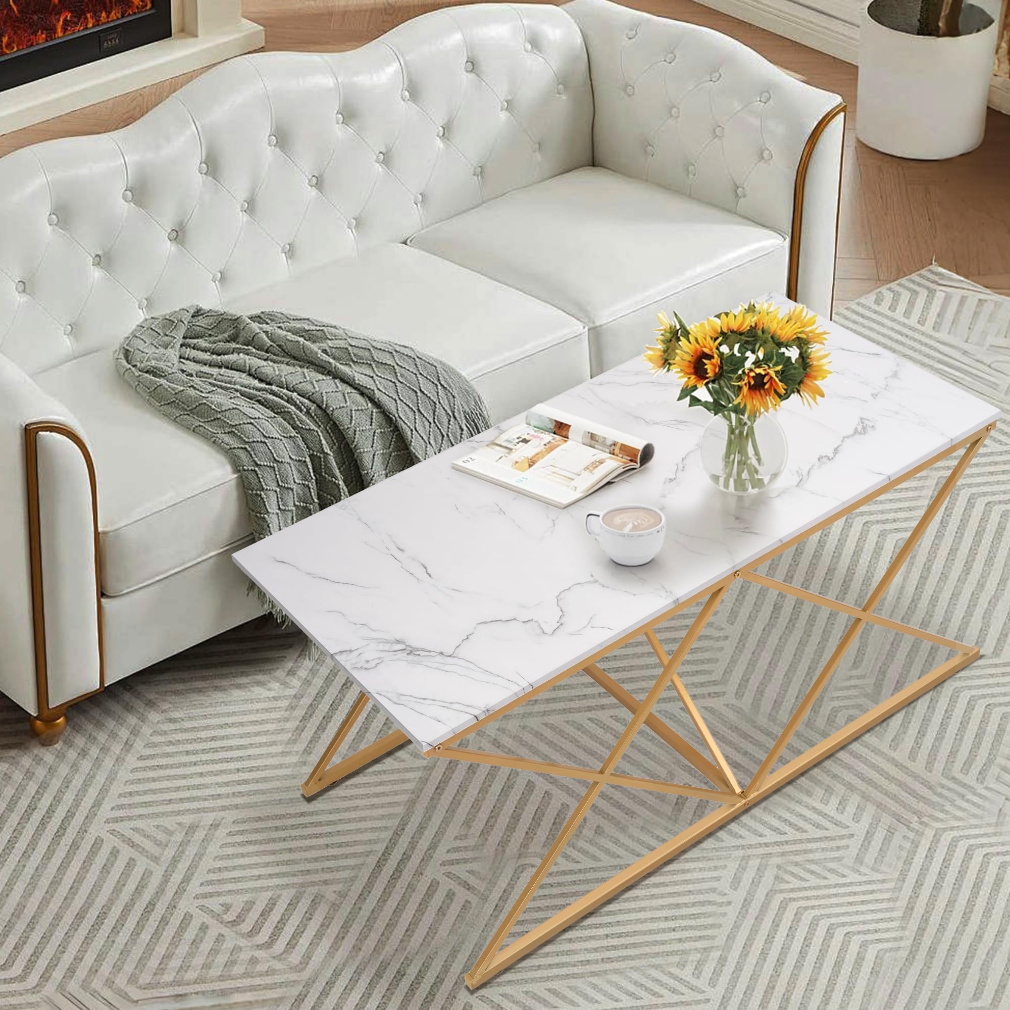 unipaws Modern Nesting Coffee Table Set of 3, Faux Marble Top with Golden Frame, Coffee Table with 2 Square End Side Tables, Perfect for Living Room, Apartment, Office