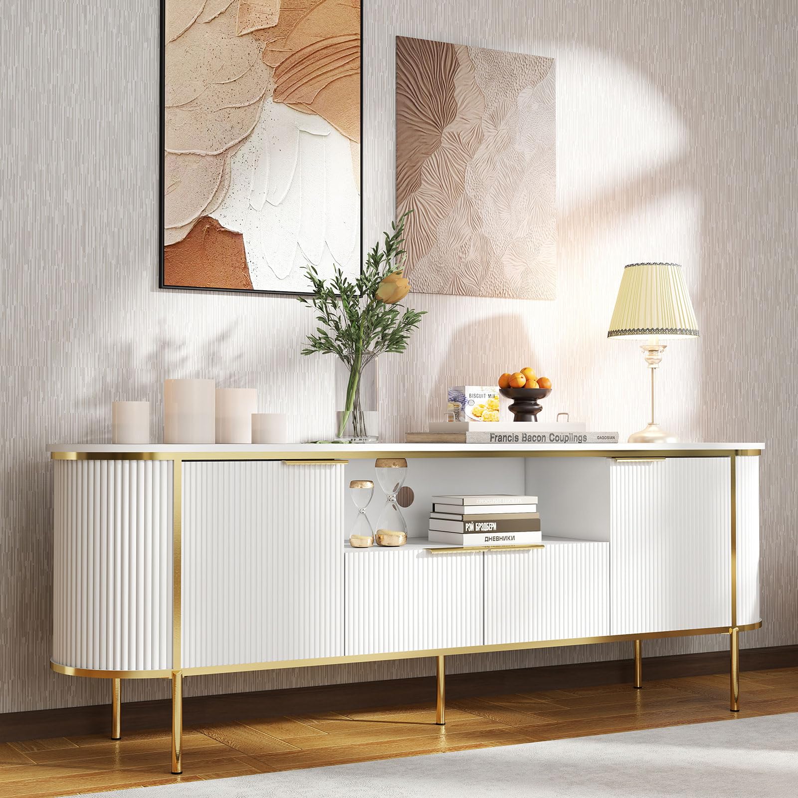 70" White Fluted TV Stand with Storage for TVs Up to 80"