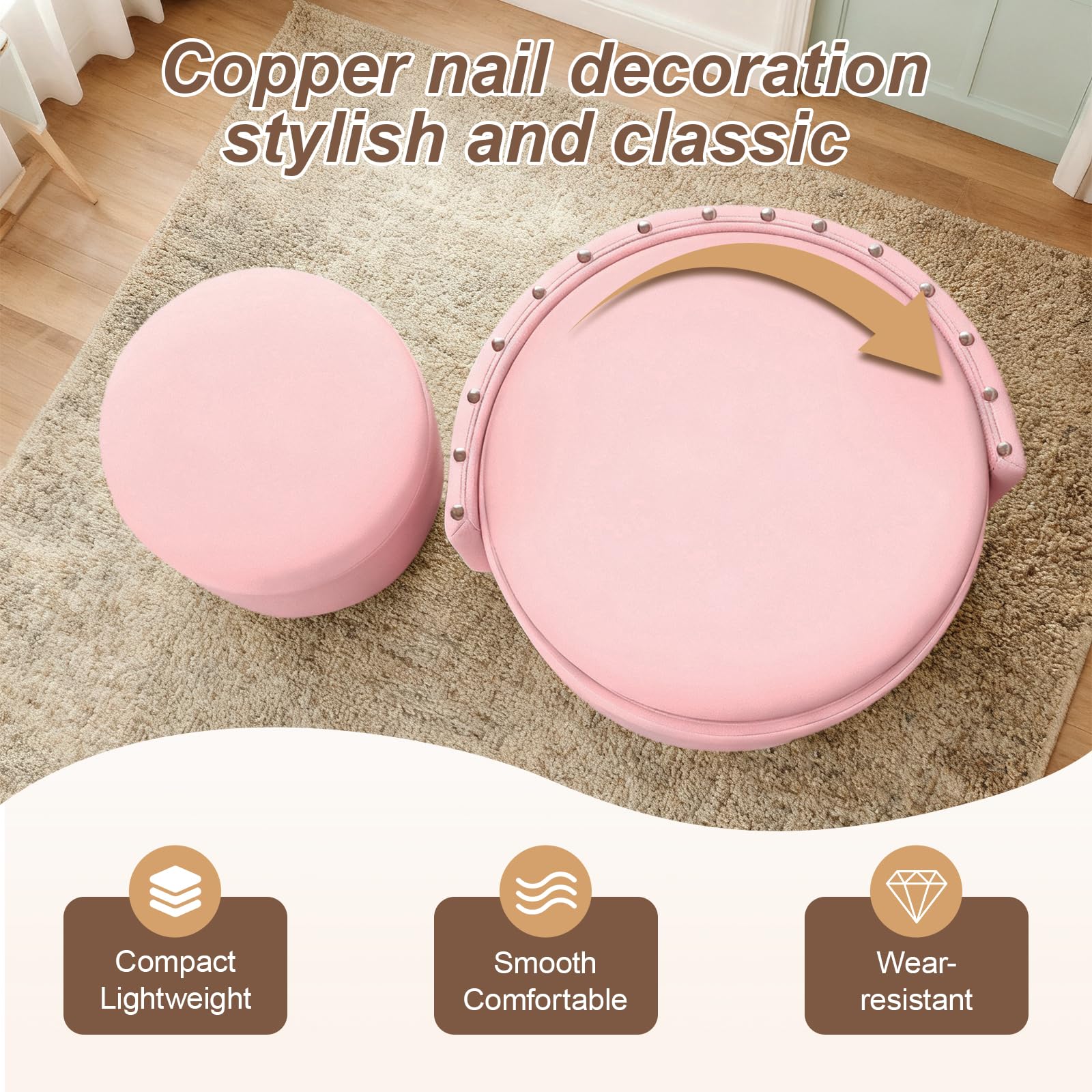 Rolling Round Vanity Chair with Storage
