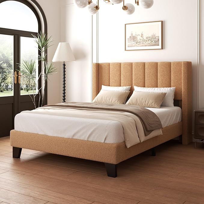 Queen Upholstered Platform Bed Frame with Teddy Velvet Headboard