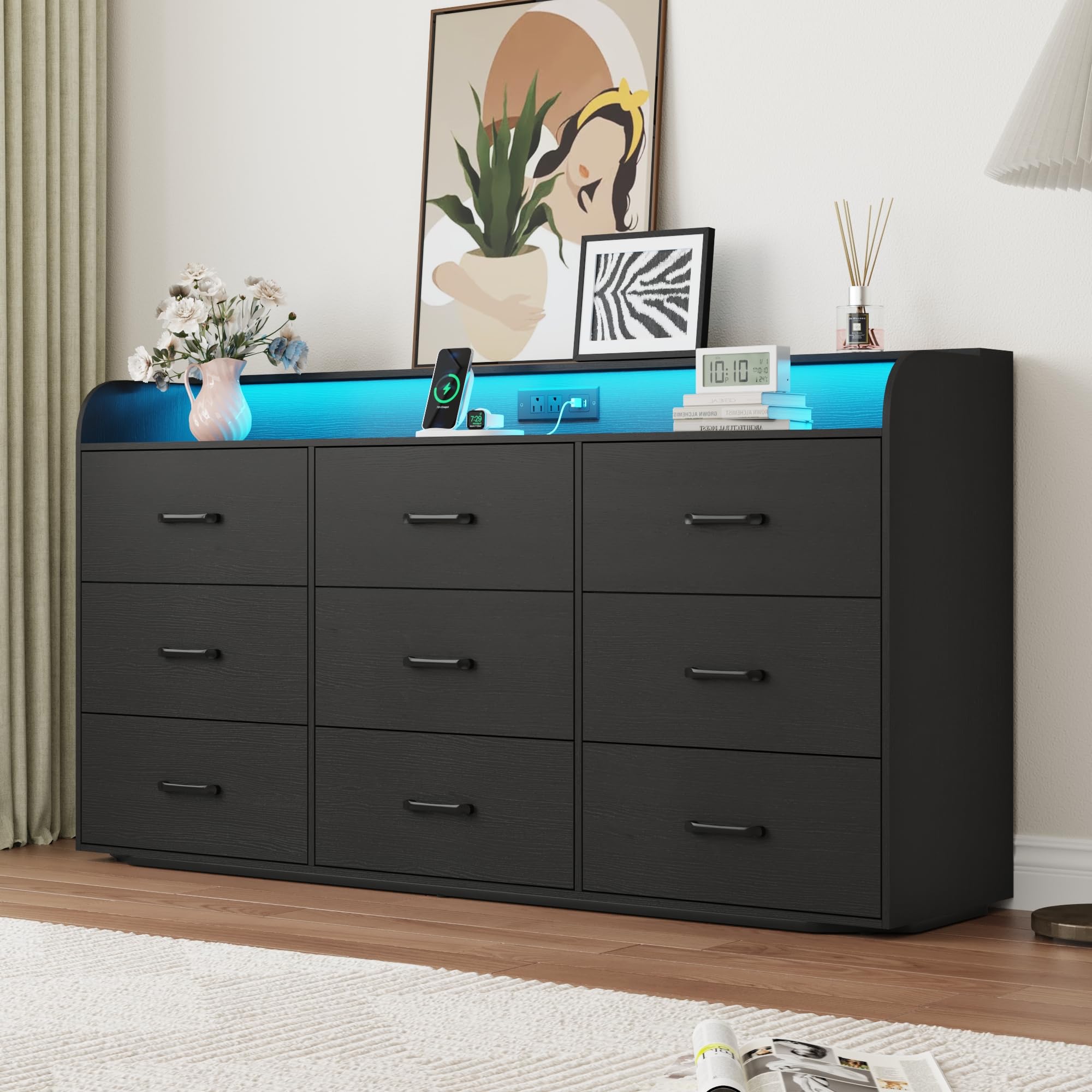 9-Drawer Dresser with Power Outlet and LED Lights