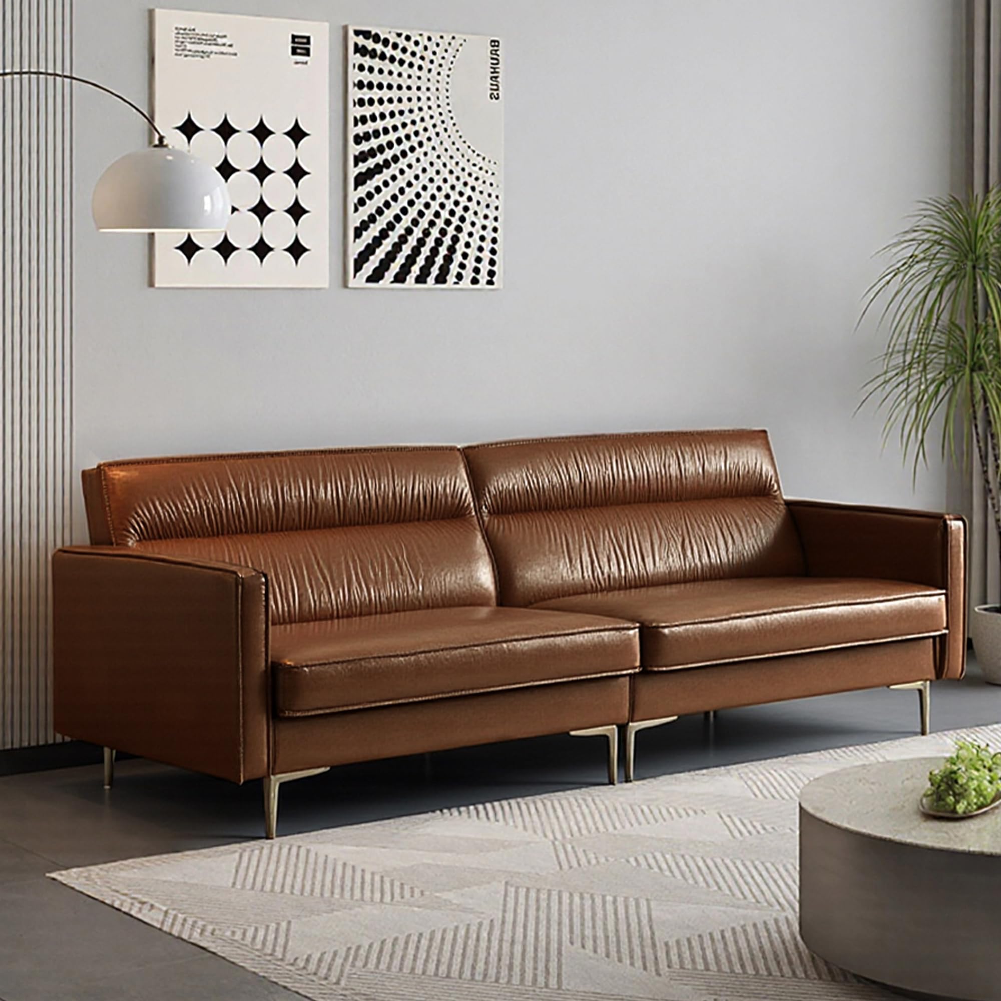 NessCarsti Faux Leather Sofa 86.61" for Three, Medieval Style, Simple and Fashionable Design, Solid Wood Frame with Metal Legs, for Modern Living Room, Bedroom, Office, Brown