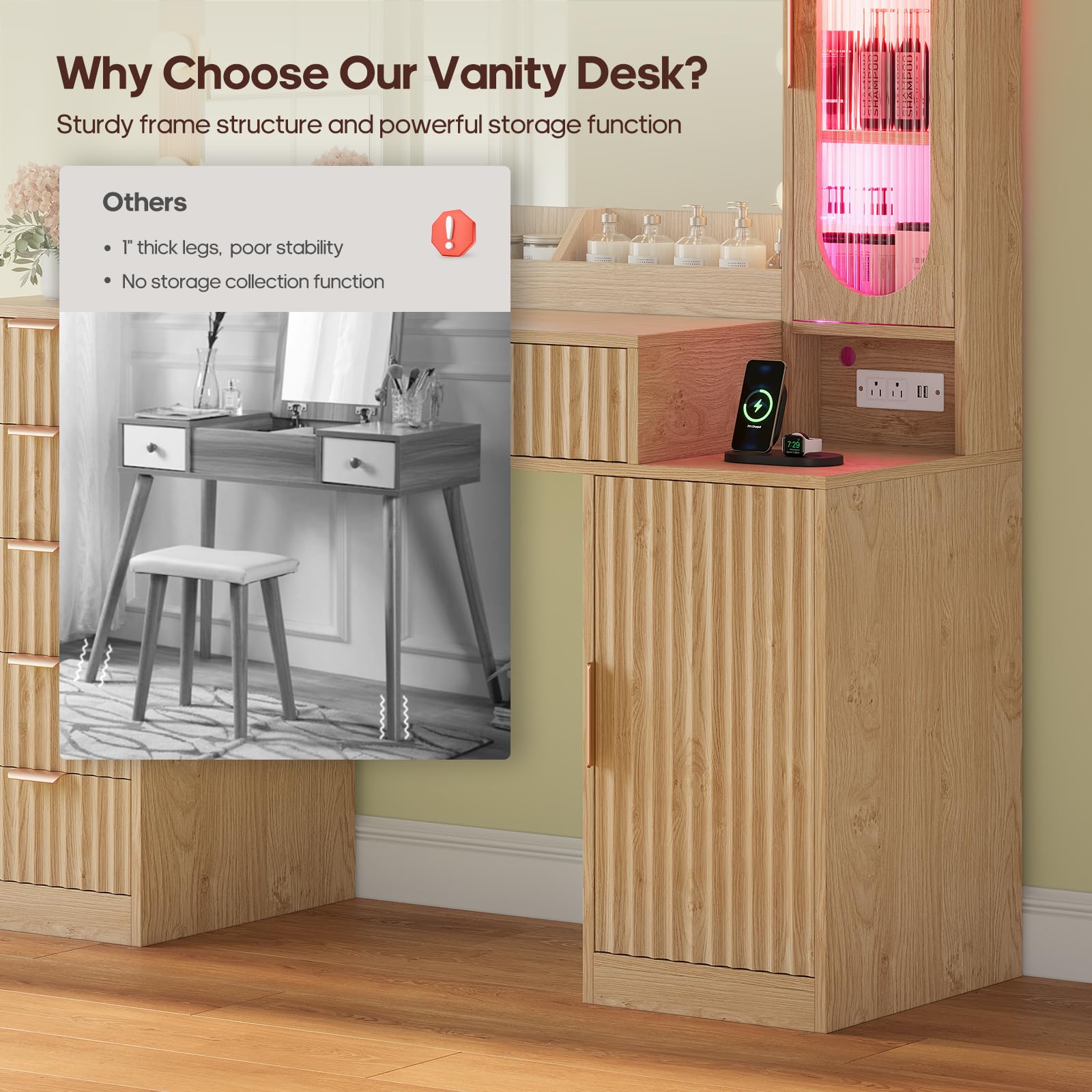 Fluted Makeup Vanity Desk with Large Mirror and Lights