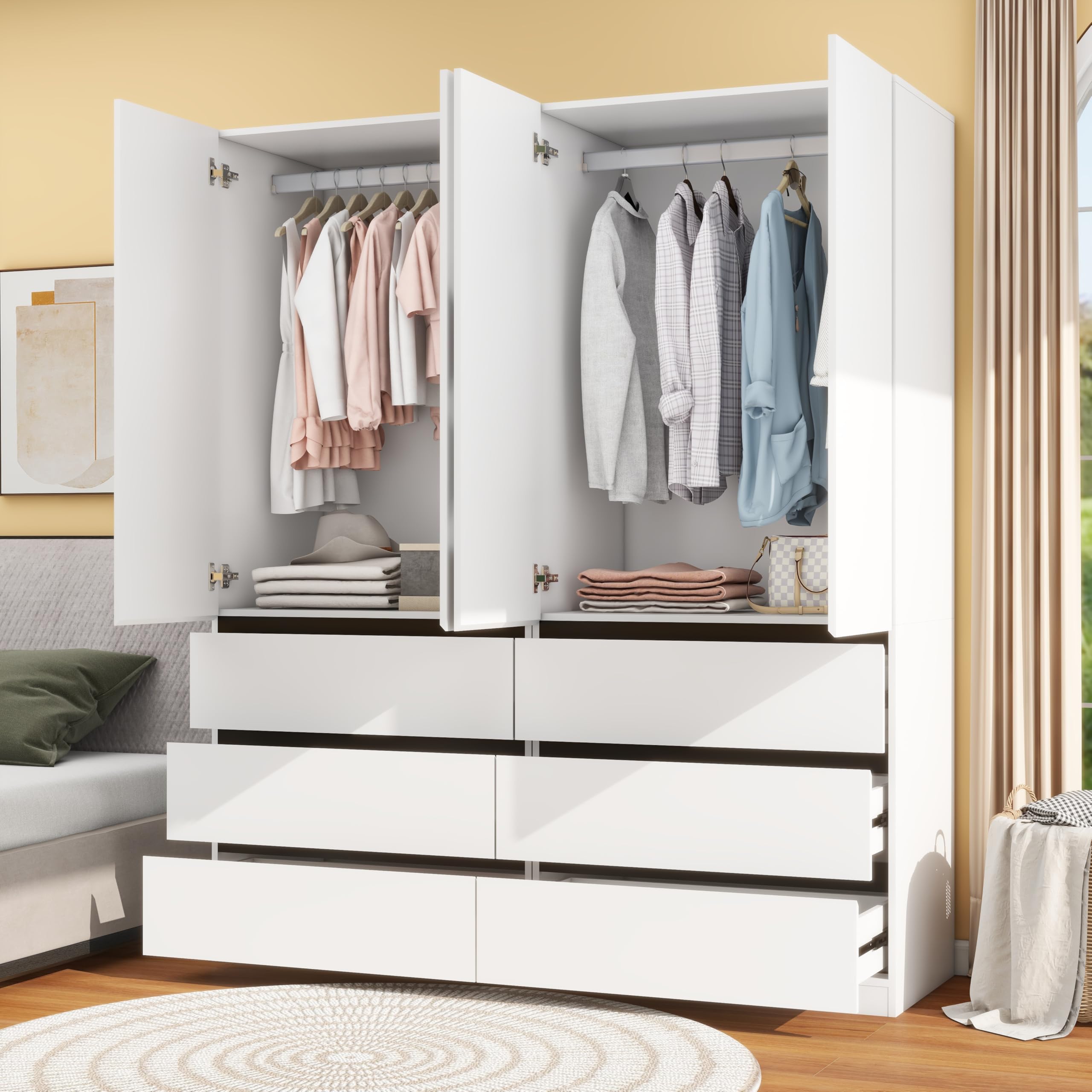 White Bedroom Armoire with 6 Drawers and 4 Doors