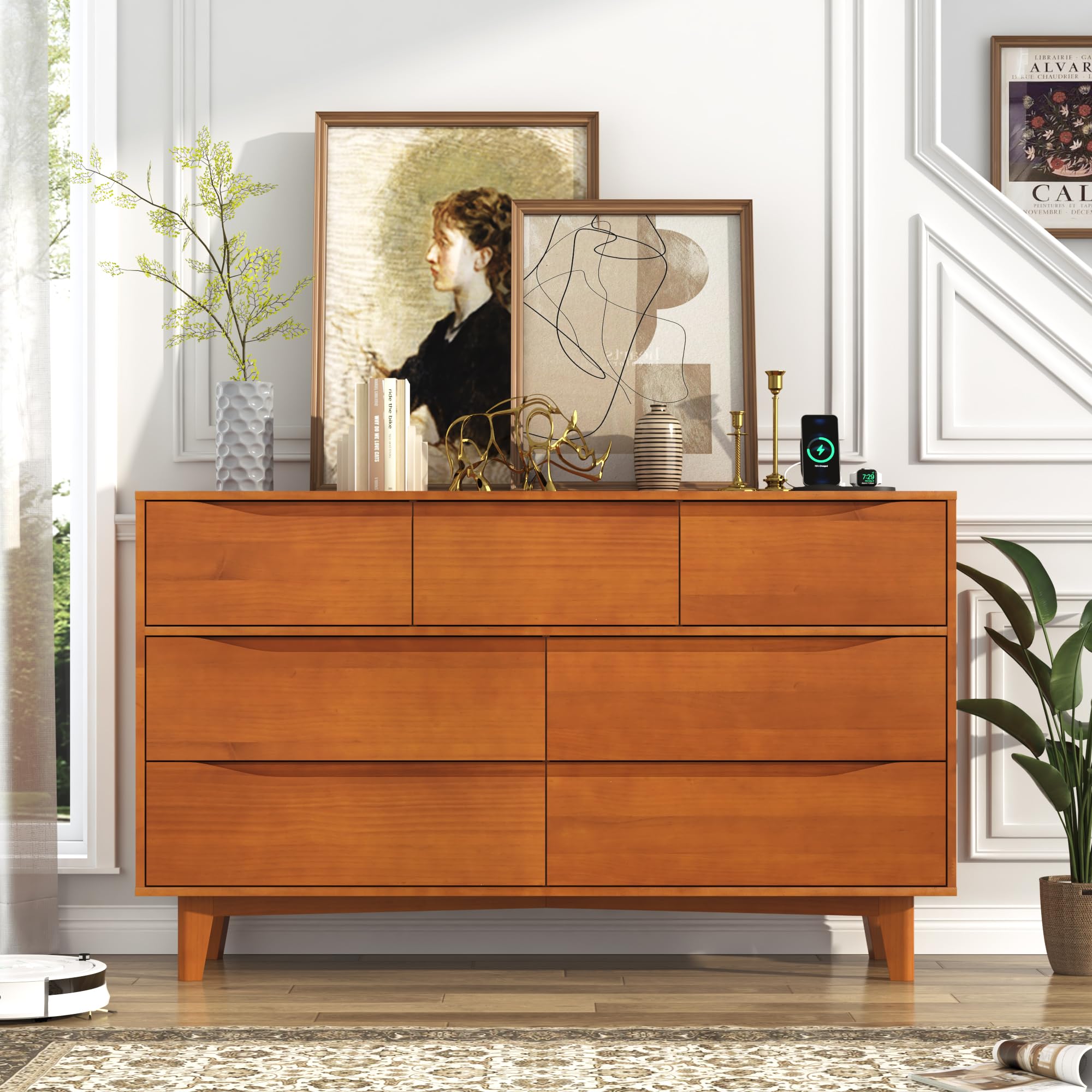 55 Inch Solid Wood 7 Drawer Dresser with Power Outlets