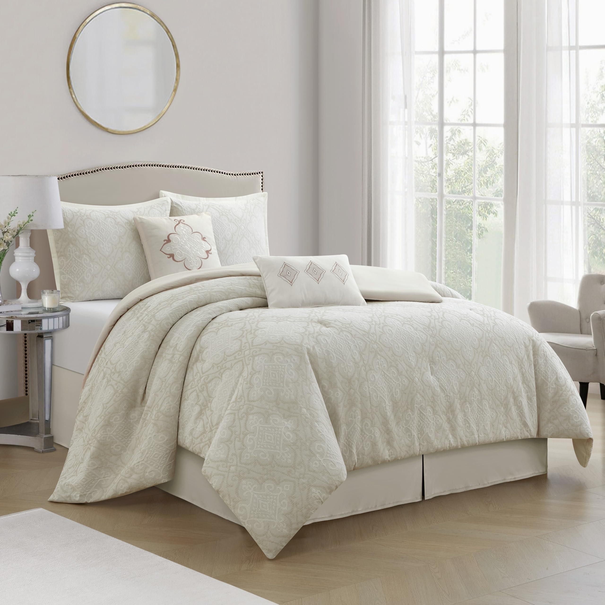6-Piece King Comforter Set White Jacquard Geometric
