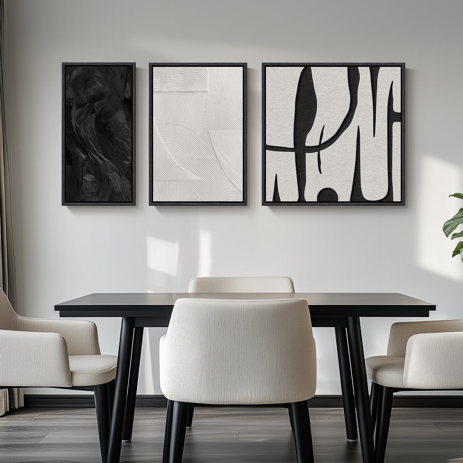 3 Piece Framed Black and White Abstract Canvas Wall Art