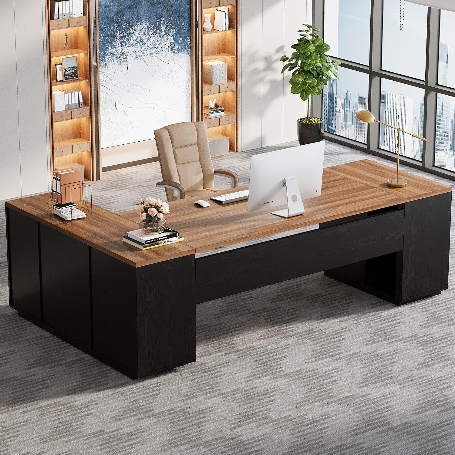 85.8-Inch L-Shaped Executive Desk with File Drawers and Storage Cabinet