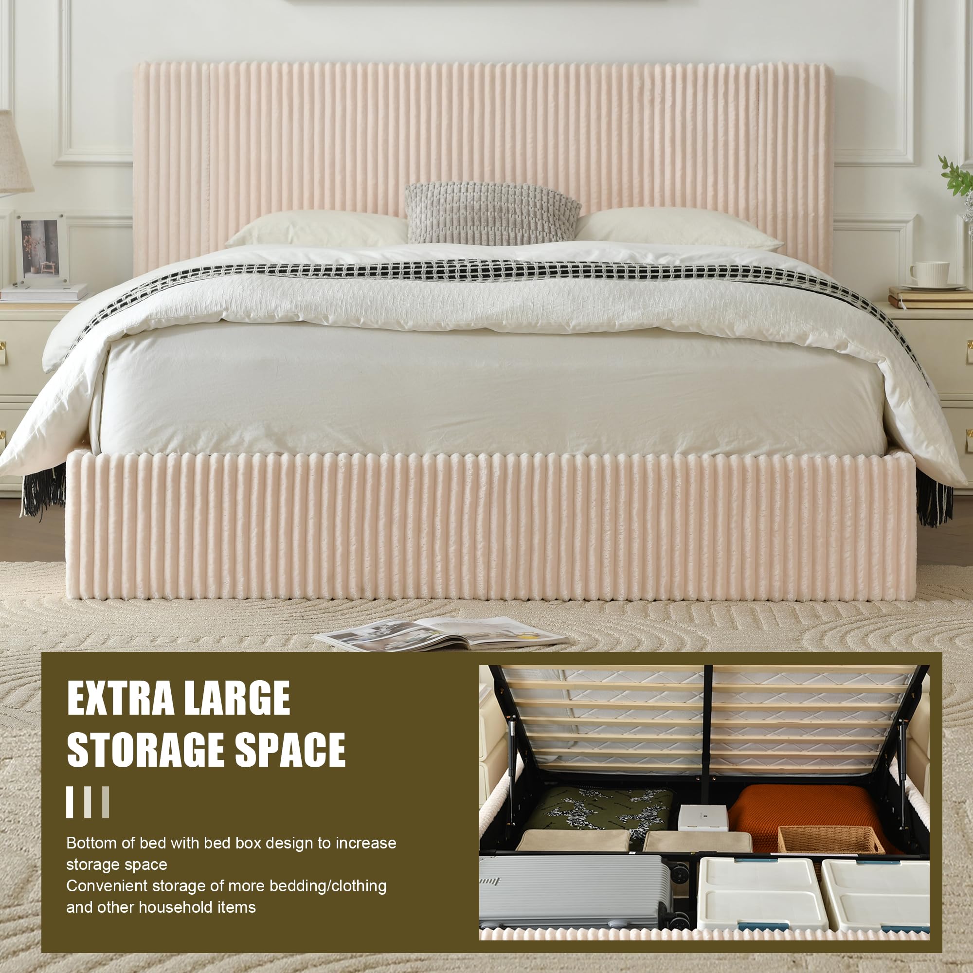 YUHUASHI Full Size Storage Bed Frame, Vertical Striped headboard with Delicate Velvet Fabric, Hydraulic Lift for Storage, no Box Spring Needed, no Noise (Beige, Full)