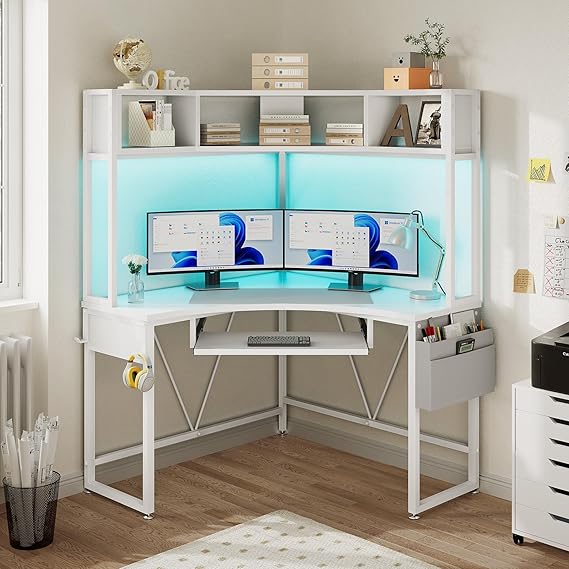 Corner Desk with Hutch and LED Lights
