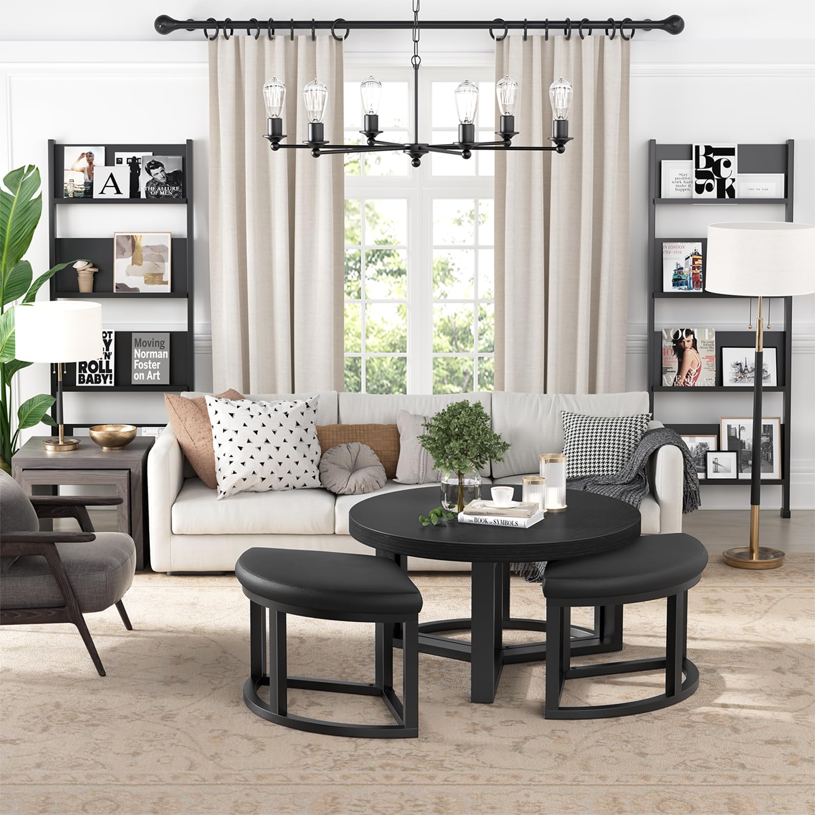 Round Coffee Table with Stools Underneath