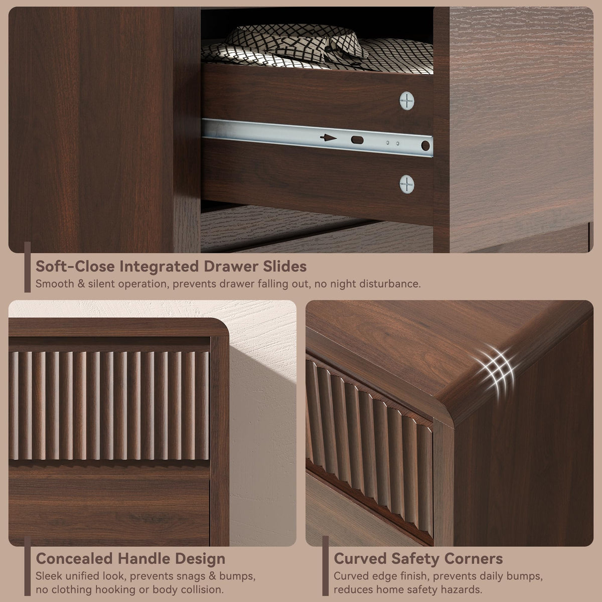 48" Fluted 5-Drawer Dresser with Curved Profile and Handleless Design