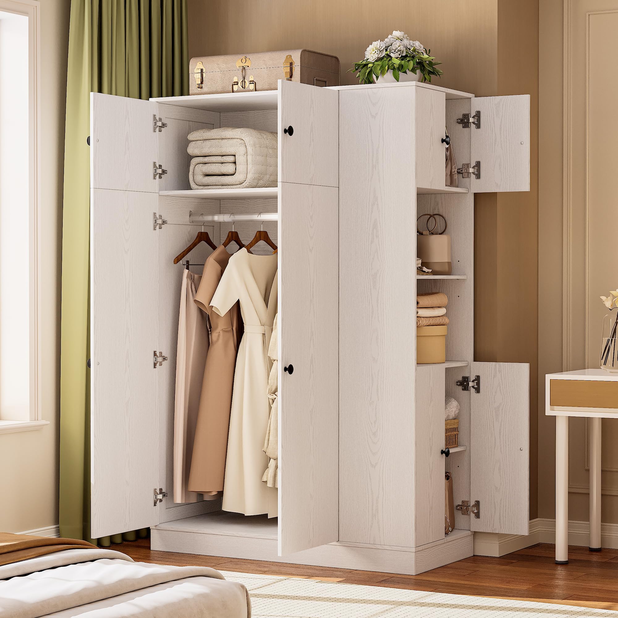 Modern White Armoire Wardrobe Closet with Adjustable Shelves and Side Storage Tower