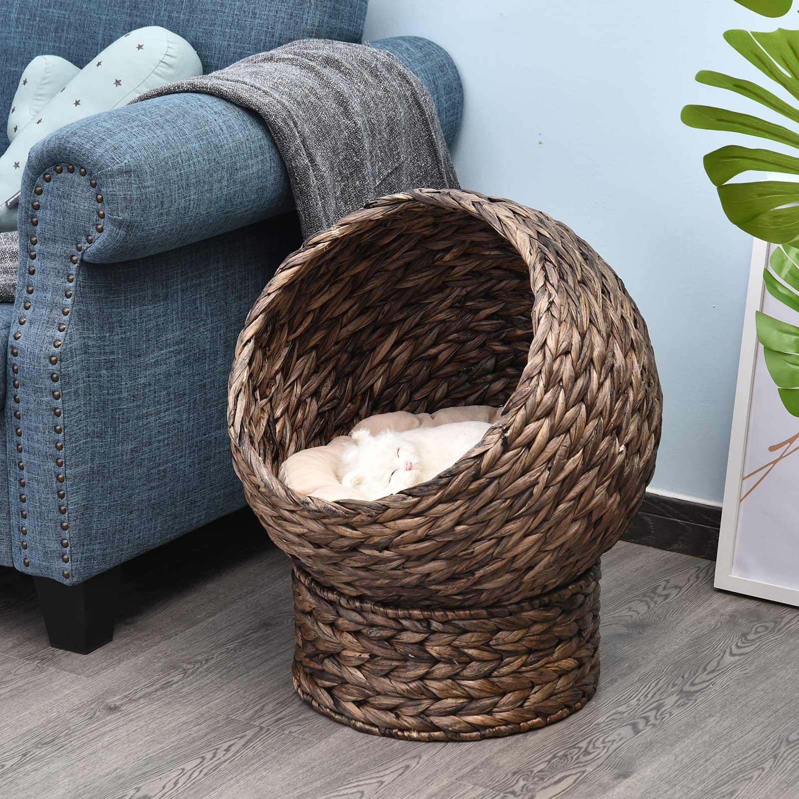 Handwoven Elevated Cat Bed with Soft Cushion & Stand