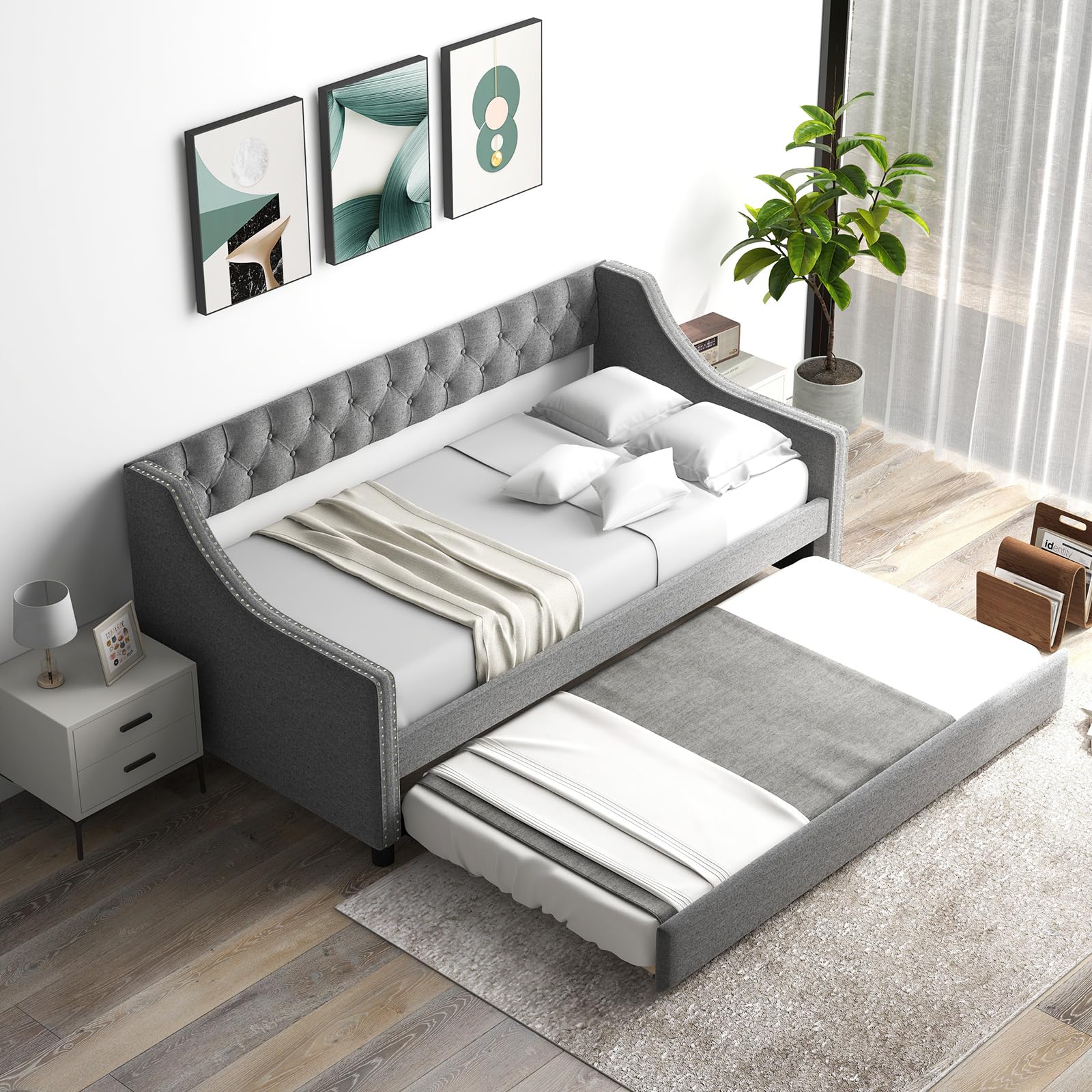 Upholstered Twin Daybed with Trundle and Button Tufted Backrest