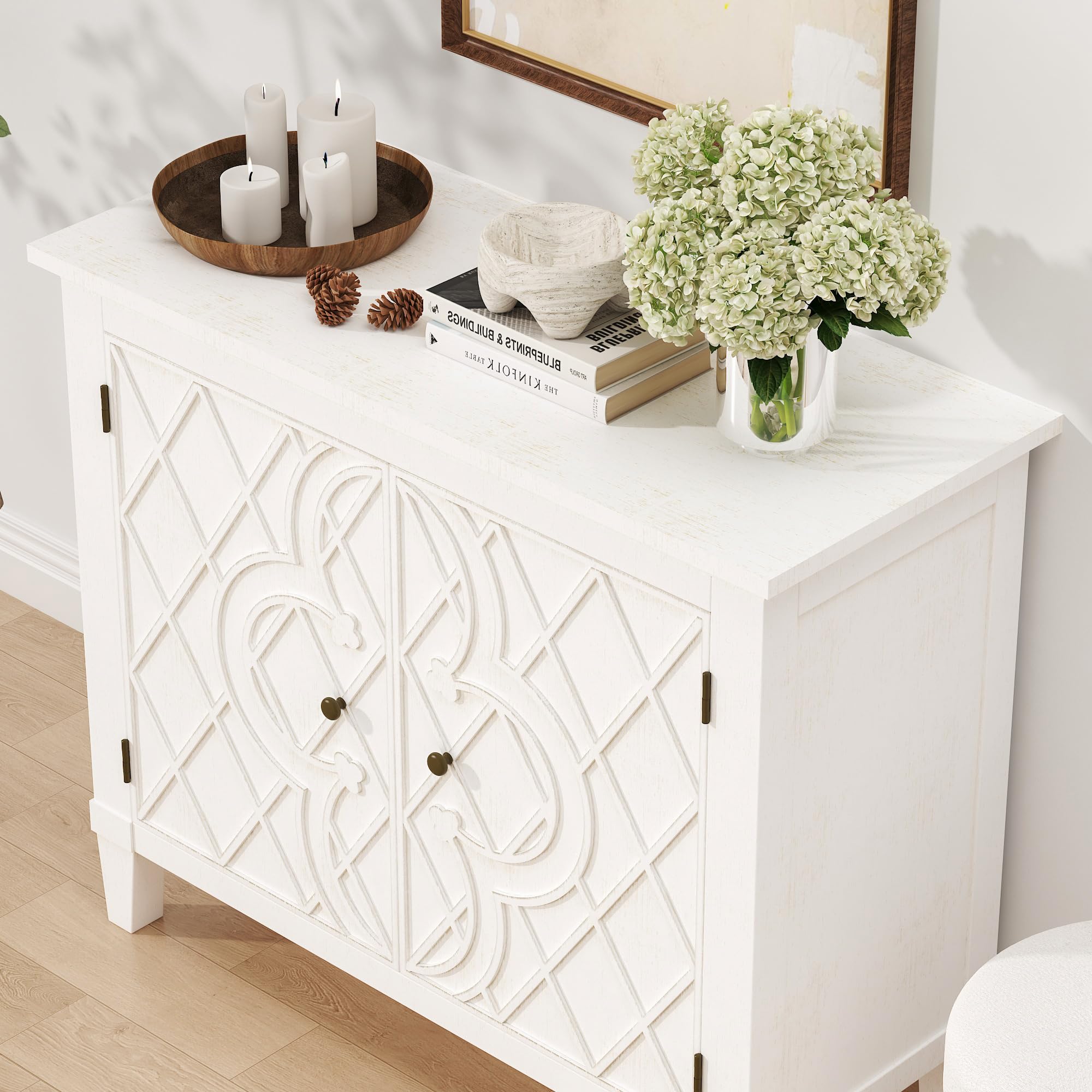 Distressed White Storage Cabinet with Carved Doors