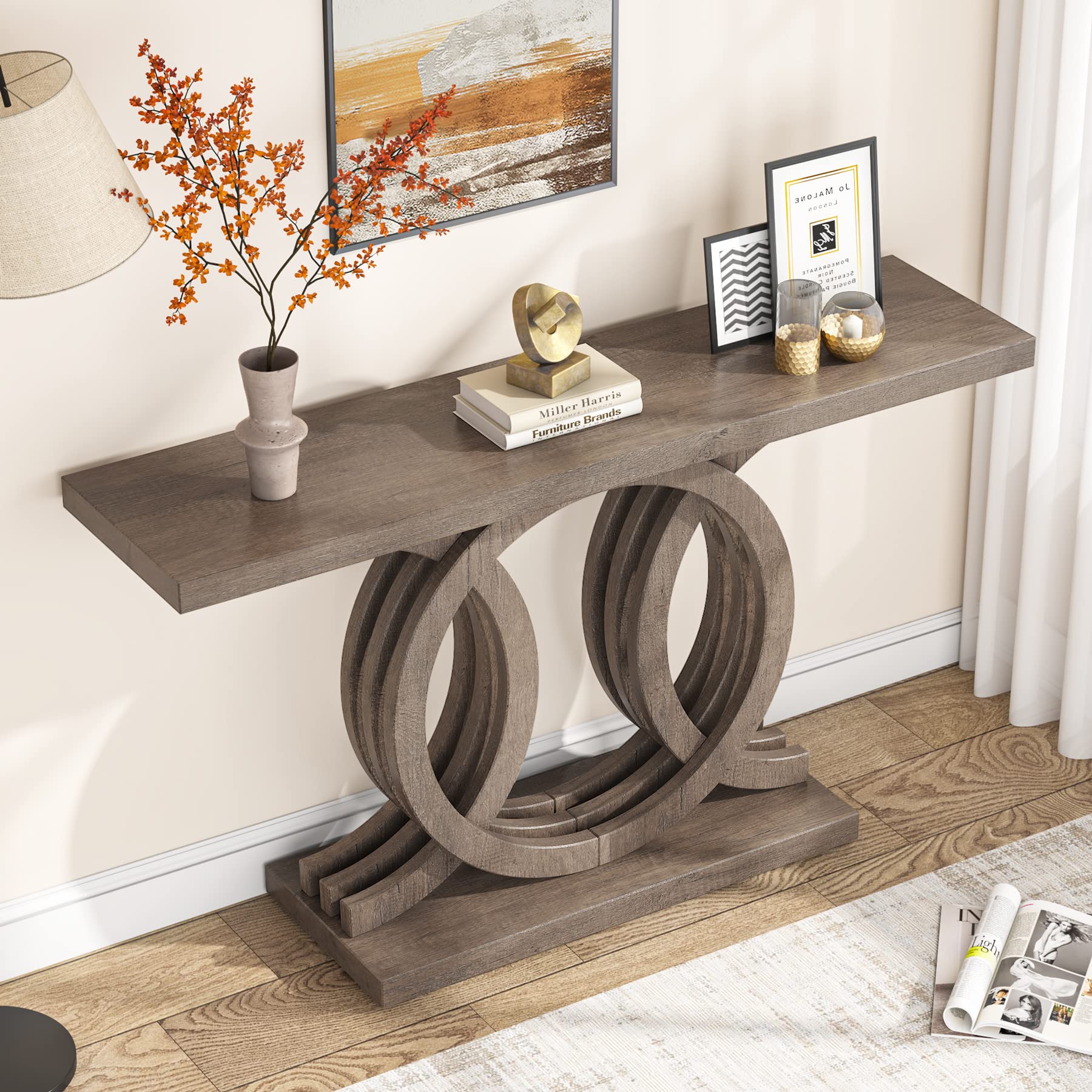 55" Wooden Console Table with Geometric Base