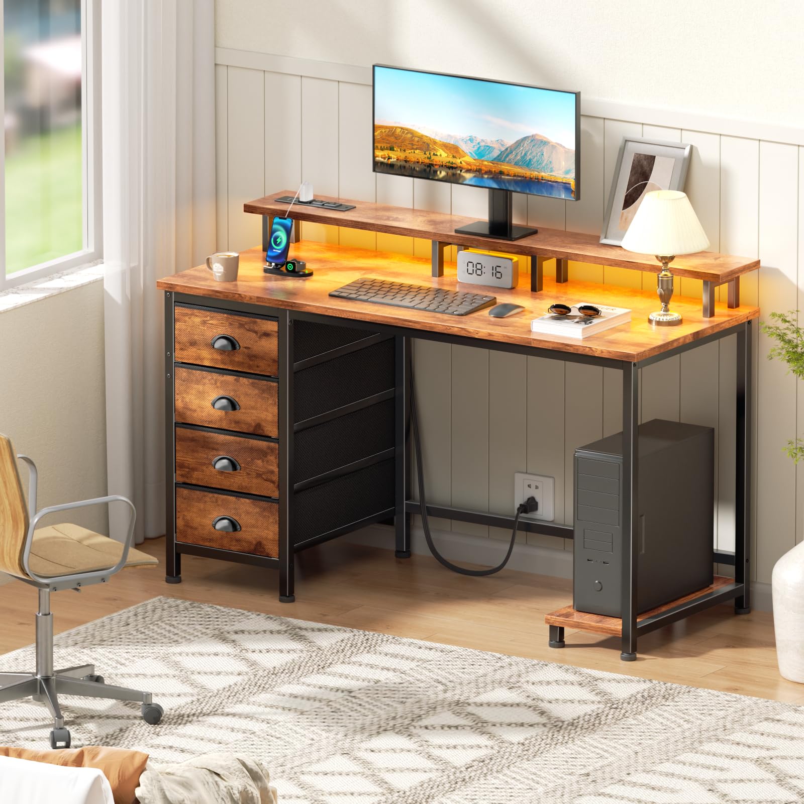 Gaming Desk with LED Lights & Power Outlets