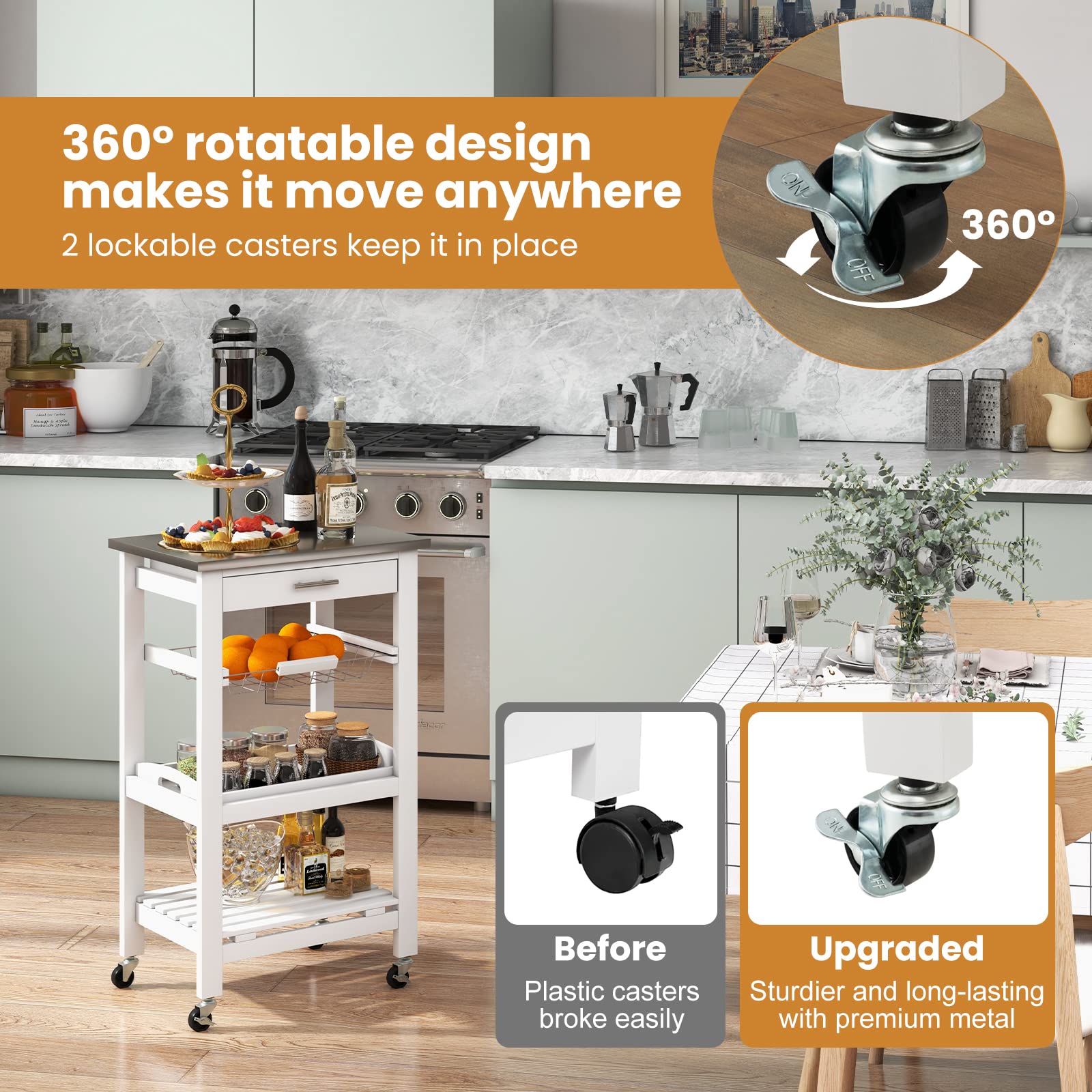 Kitchen Rolling Cart with Stainless Steel Top