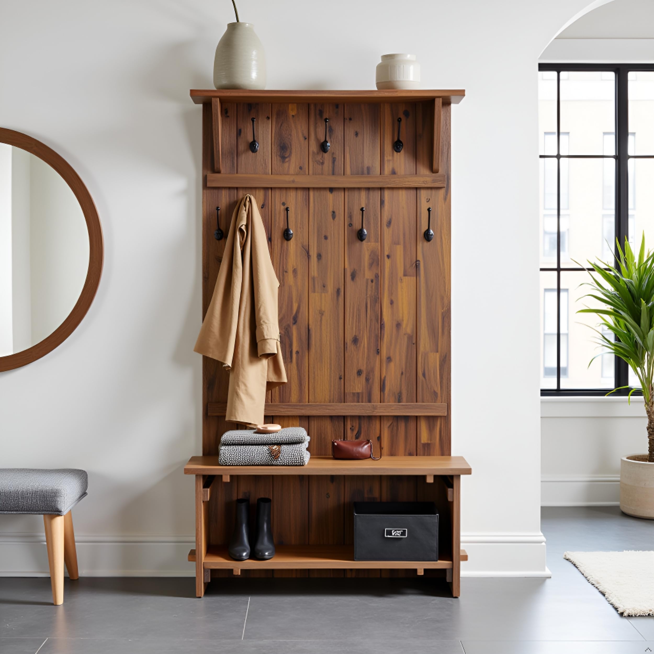 70" Acacia Wood Hall Tree with Bench & Storage