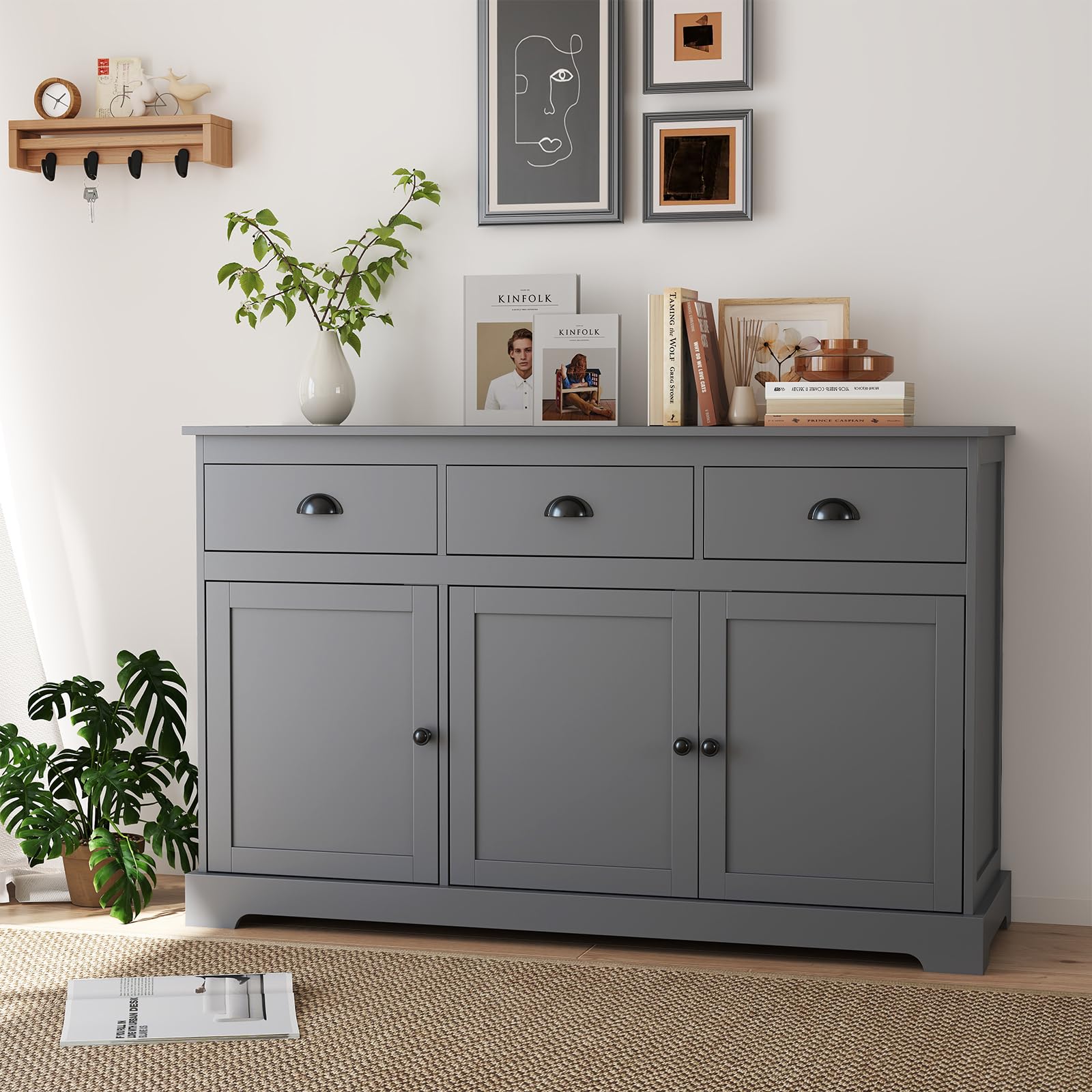 Grey Sideboard Buffet Cabinet with 3 Drawers and 2 Doors