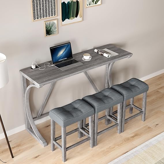 Bar Table and Chairs Set 4 Piece with Power Outlet