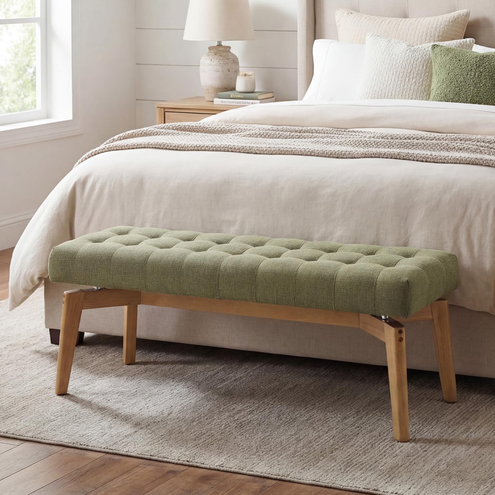 Tufted Linen Upholstered Bench 45.5"