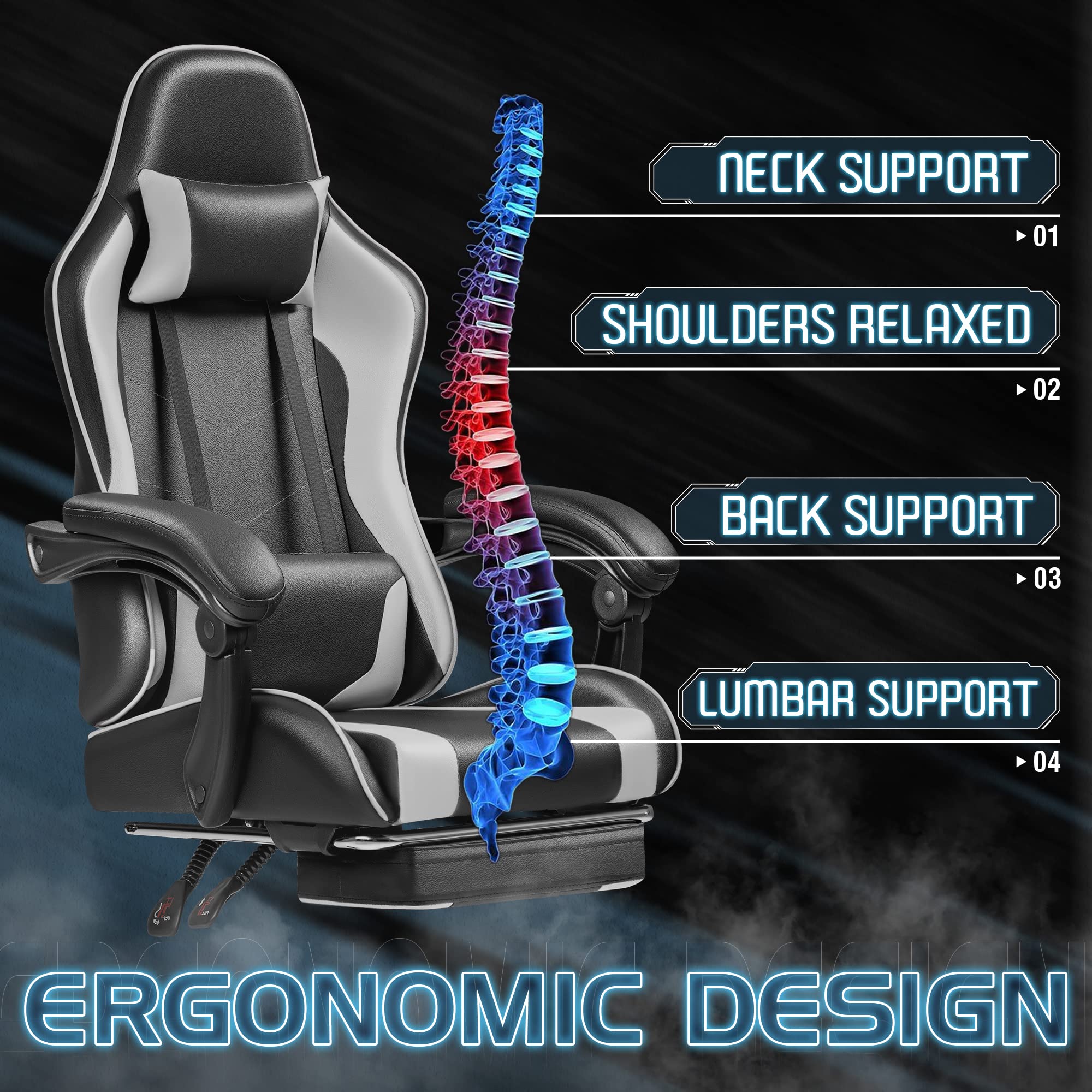 Ergonomic Gaming Chair with Footrest and Massage Lumbar Support