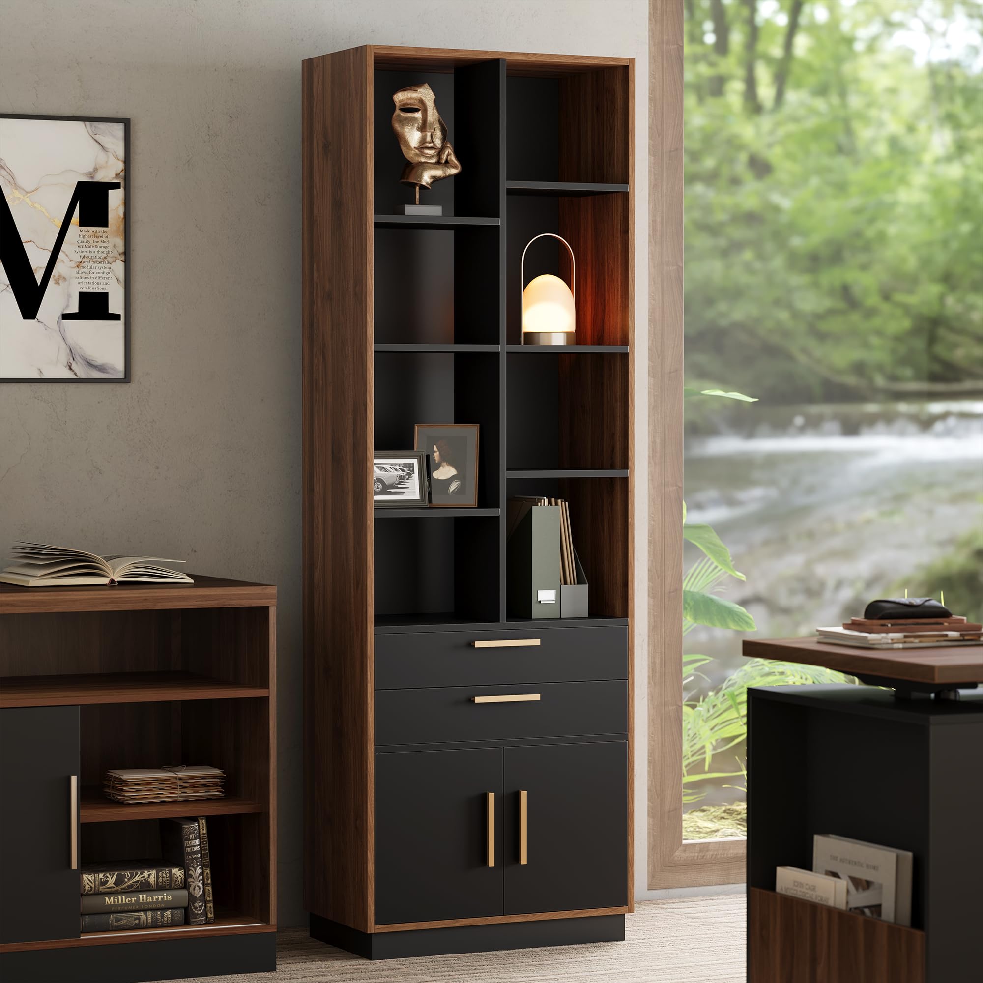 Wood Bookcase with Drawers and Doors 73.3" Tall