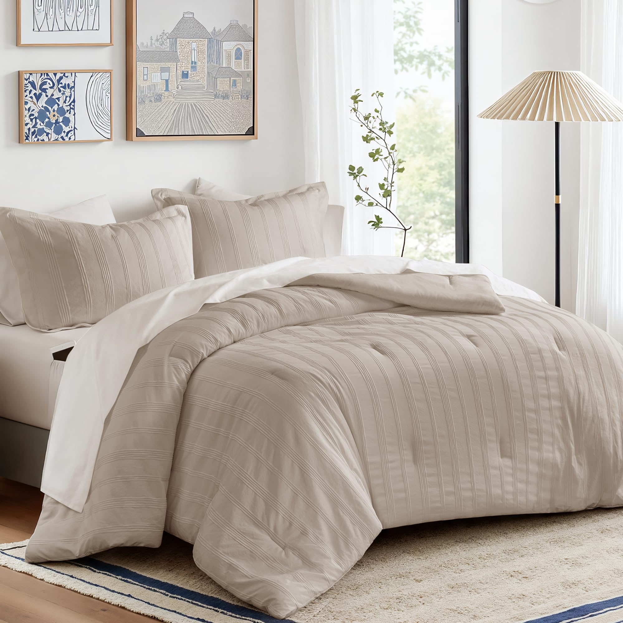 Queen Striped Comforter Set - 7 Piece Bed in a Bag