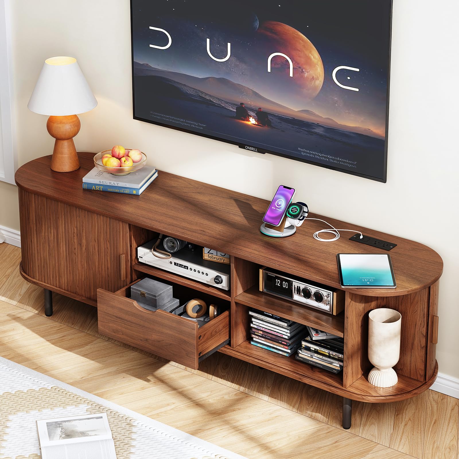 ONBRILL 69" TV Stand with Power Outlet for TVs up to 80", Entertainment Center with Storage and Drawer, TV Console with Adjustable Shelves and Sliding Door, TV Stand for Living Room, Bedroom, Walnut