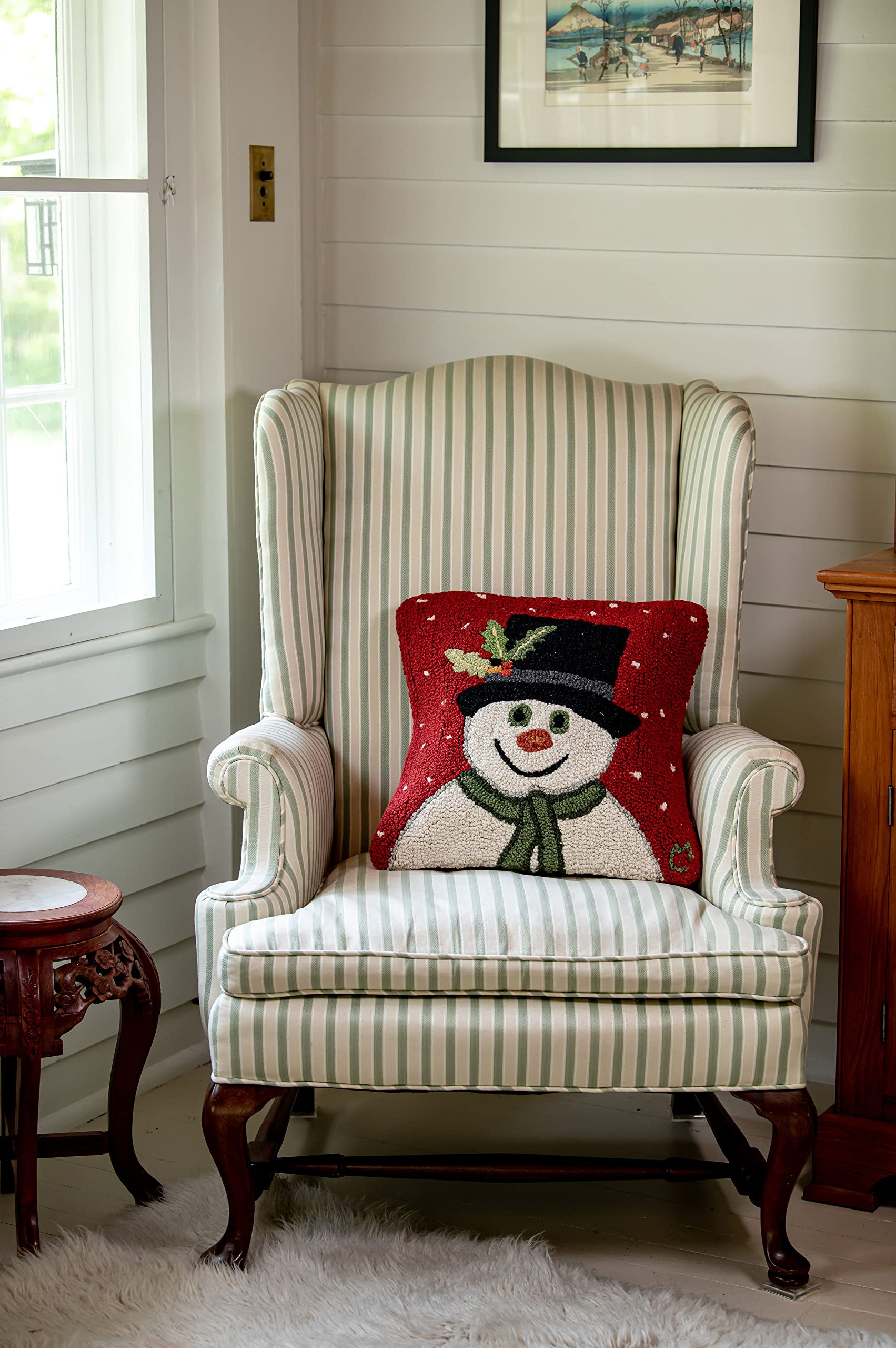Snowman with Top Hat Hand-Hooked Wool Throw Pillow