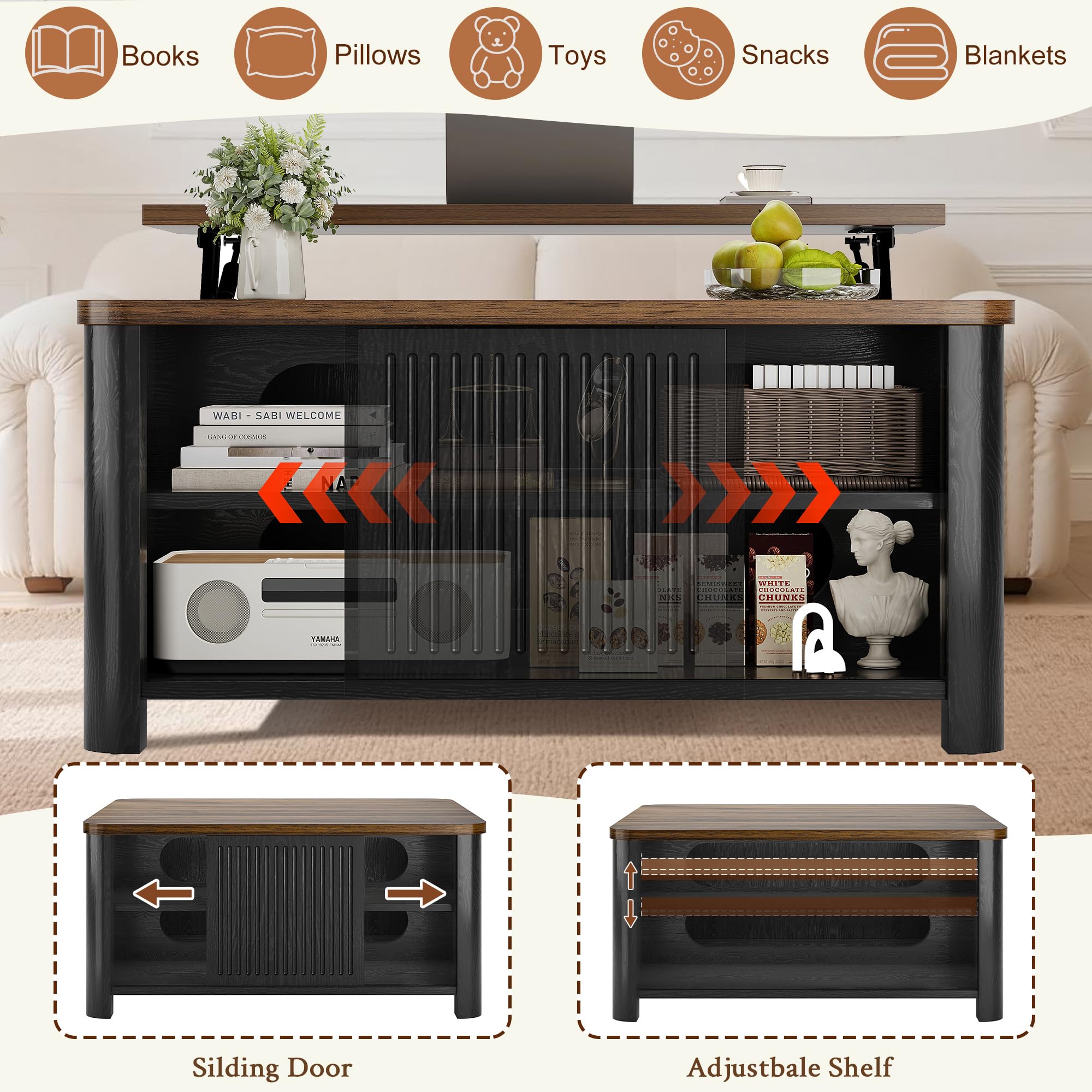 Lift Top Coffee Table with Storage 31.5" Square Mid Century Modern