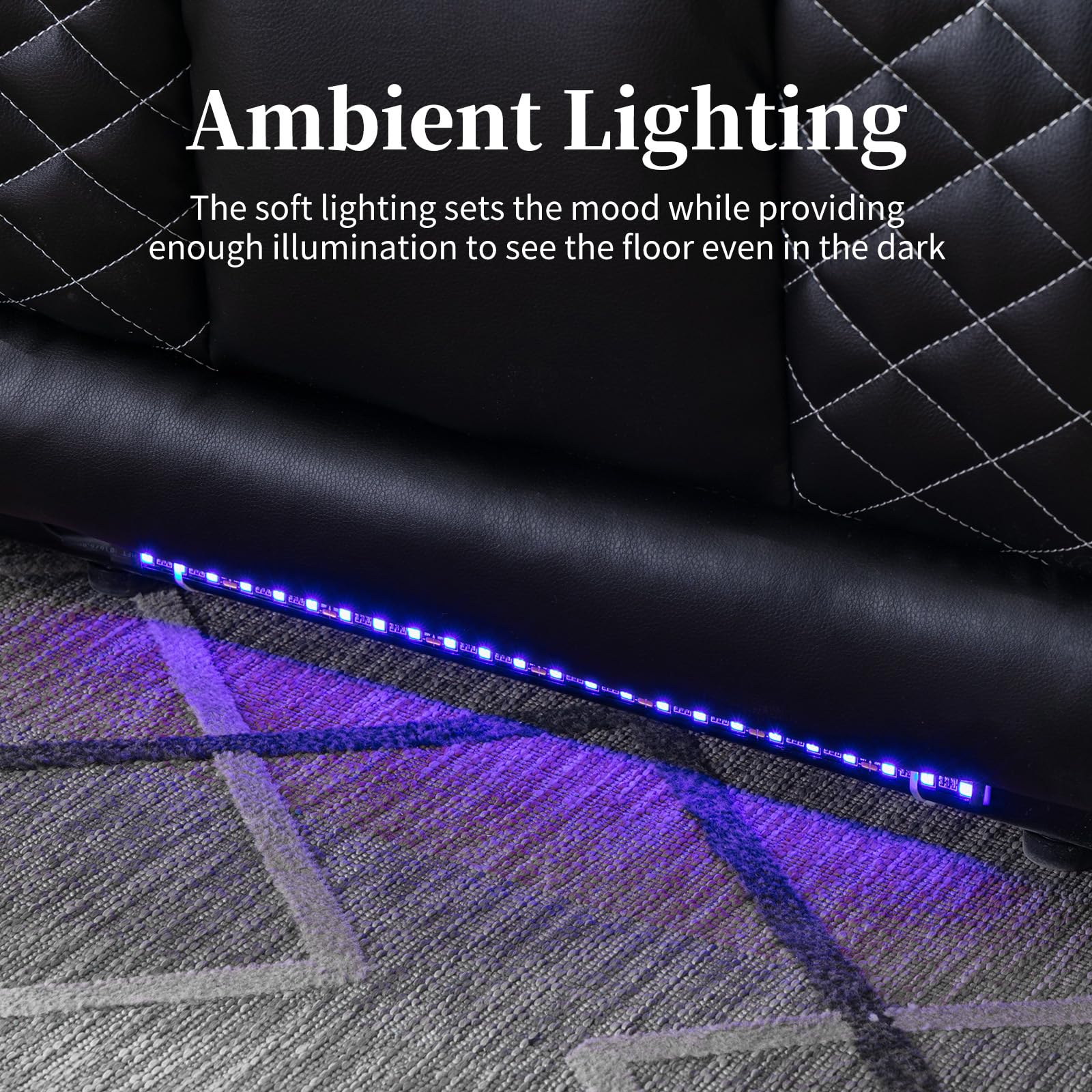 IOMOR Home Theater Seating with USB Ports and Cup Holders, Overstuffed Faux Leather Electric Power Recliner Chair with Hidden Arm Storage, Ambient Lighting (1, Black+Lighting)