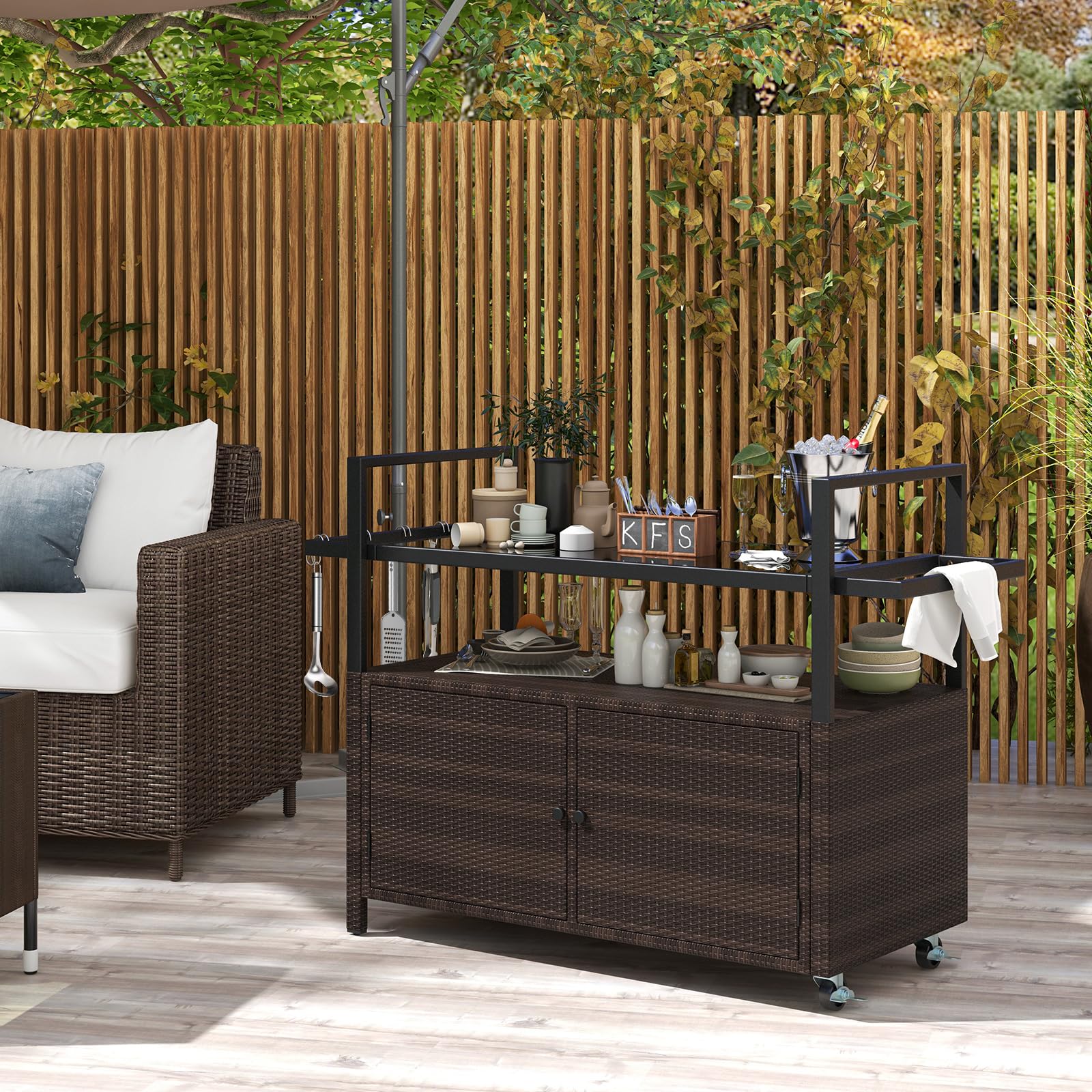 Outdoor Rolling Bar Cart with Tempered Glass Top