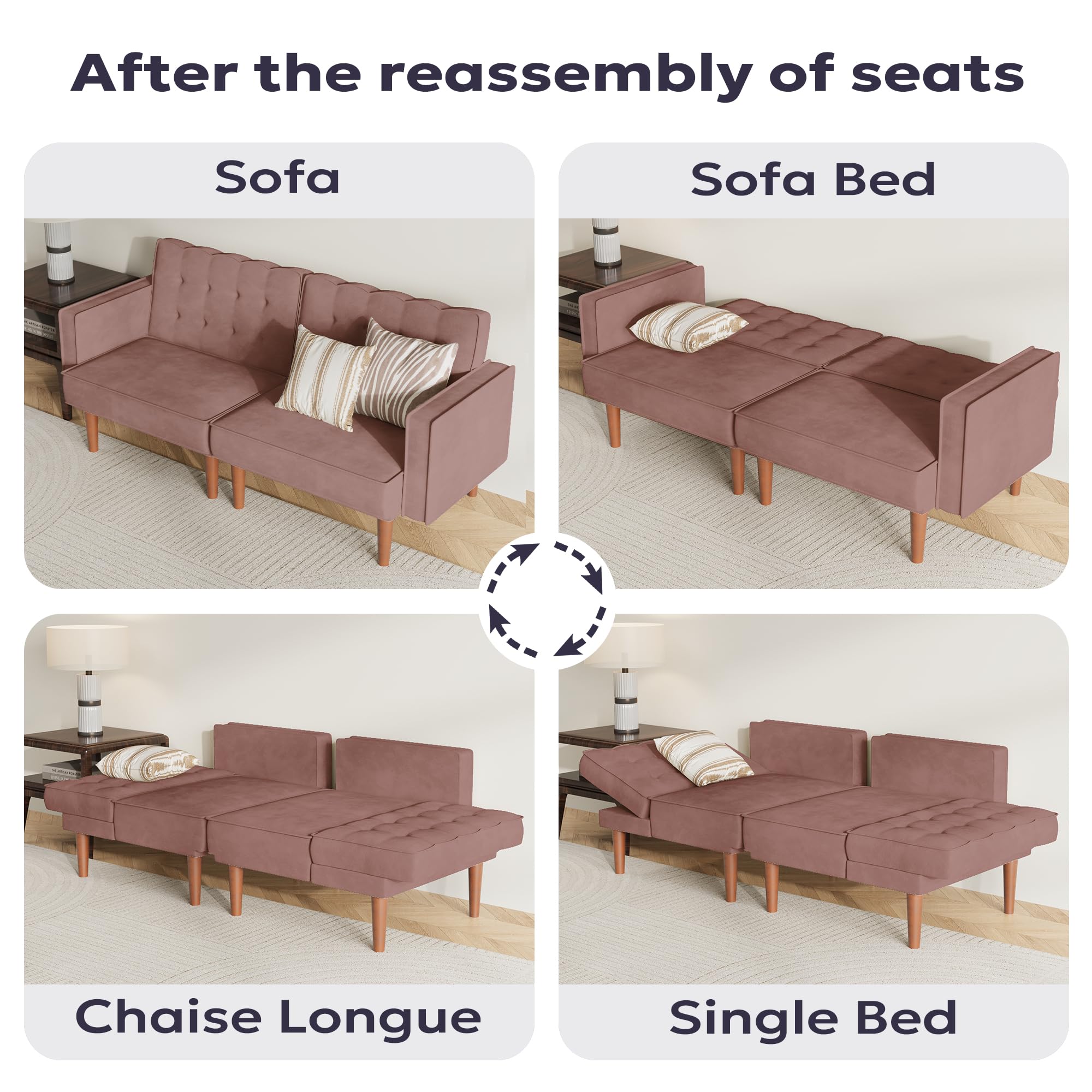 71" Velvet Futon Sofa Bed with Adjustable Backrest