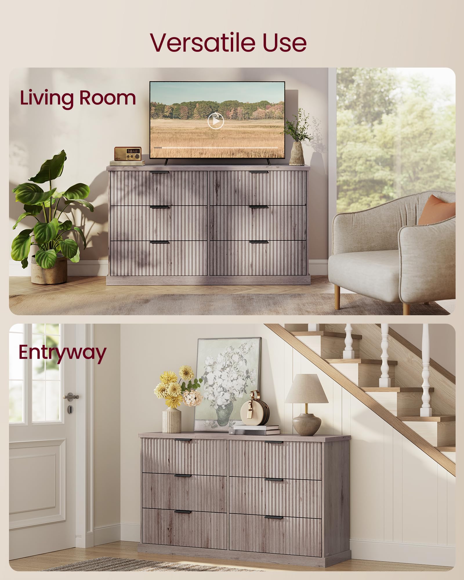 6-Drawer Wide Dresser with Fluted Panels