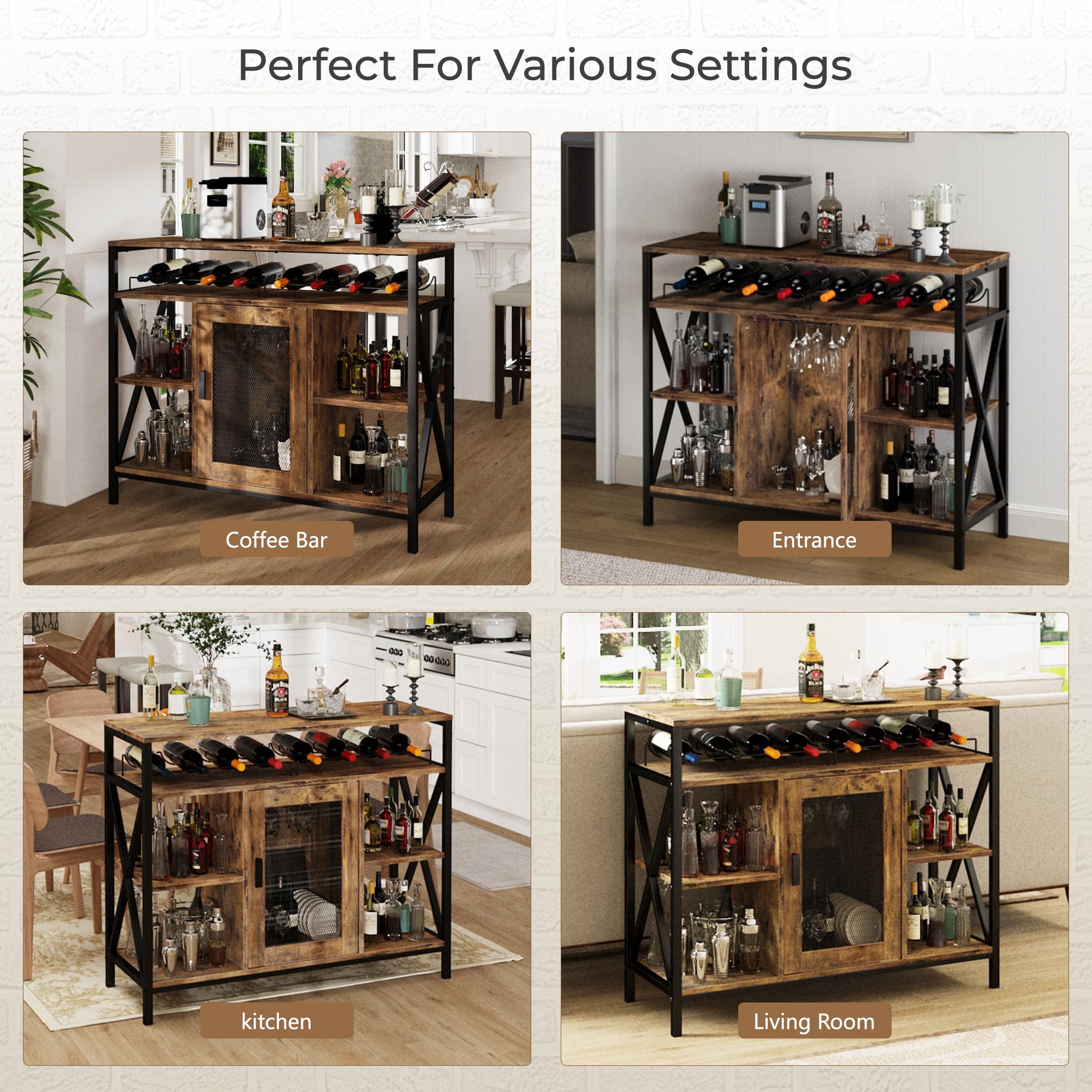 Industrial Wine Bar Cabinet with Wine Rack and Stemware Holder
