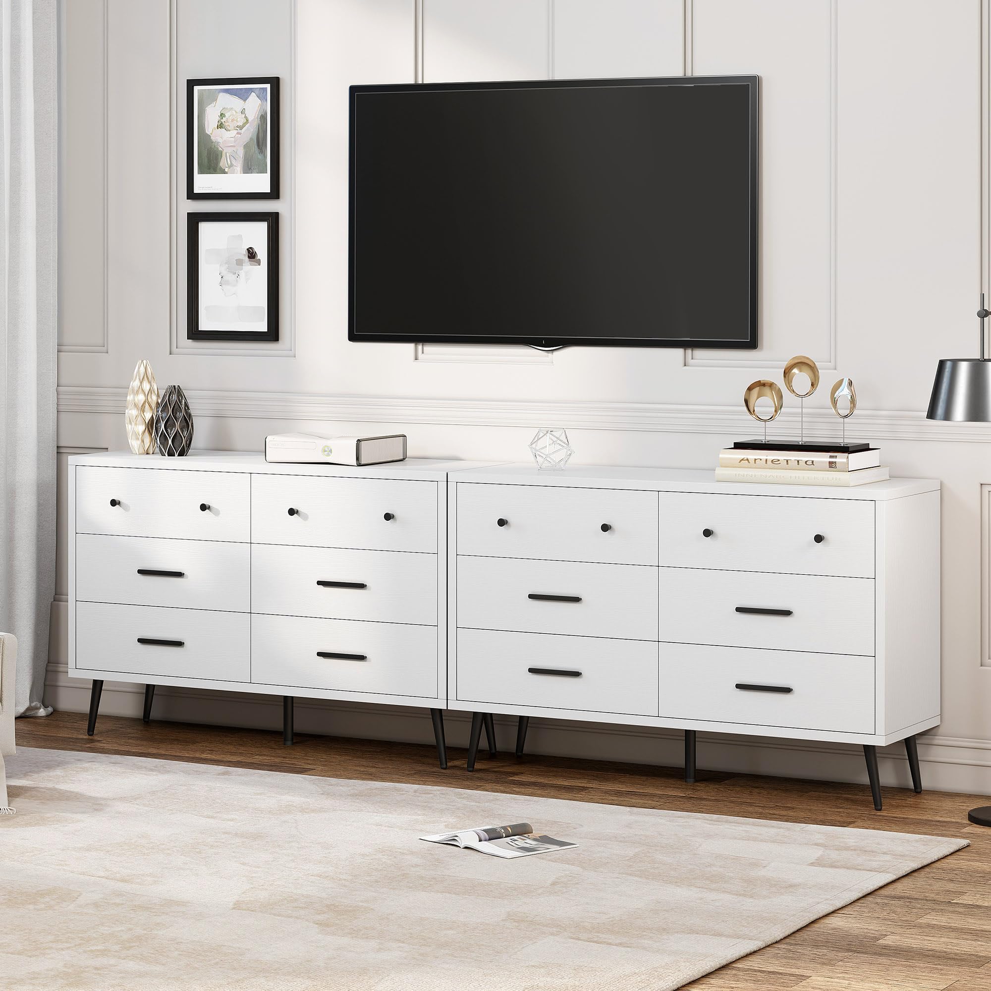 White 6-Drawer Dresser with Black Metal Handles
